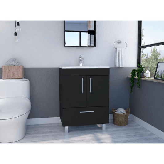 DEPOT E-SHOP Essential Single Bathroom Vanity, One Draw, Two-Door Cabinet, Four Legs-Black, For Bathroom - Mervyns