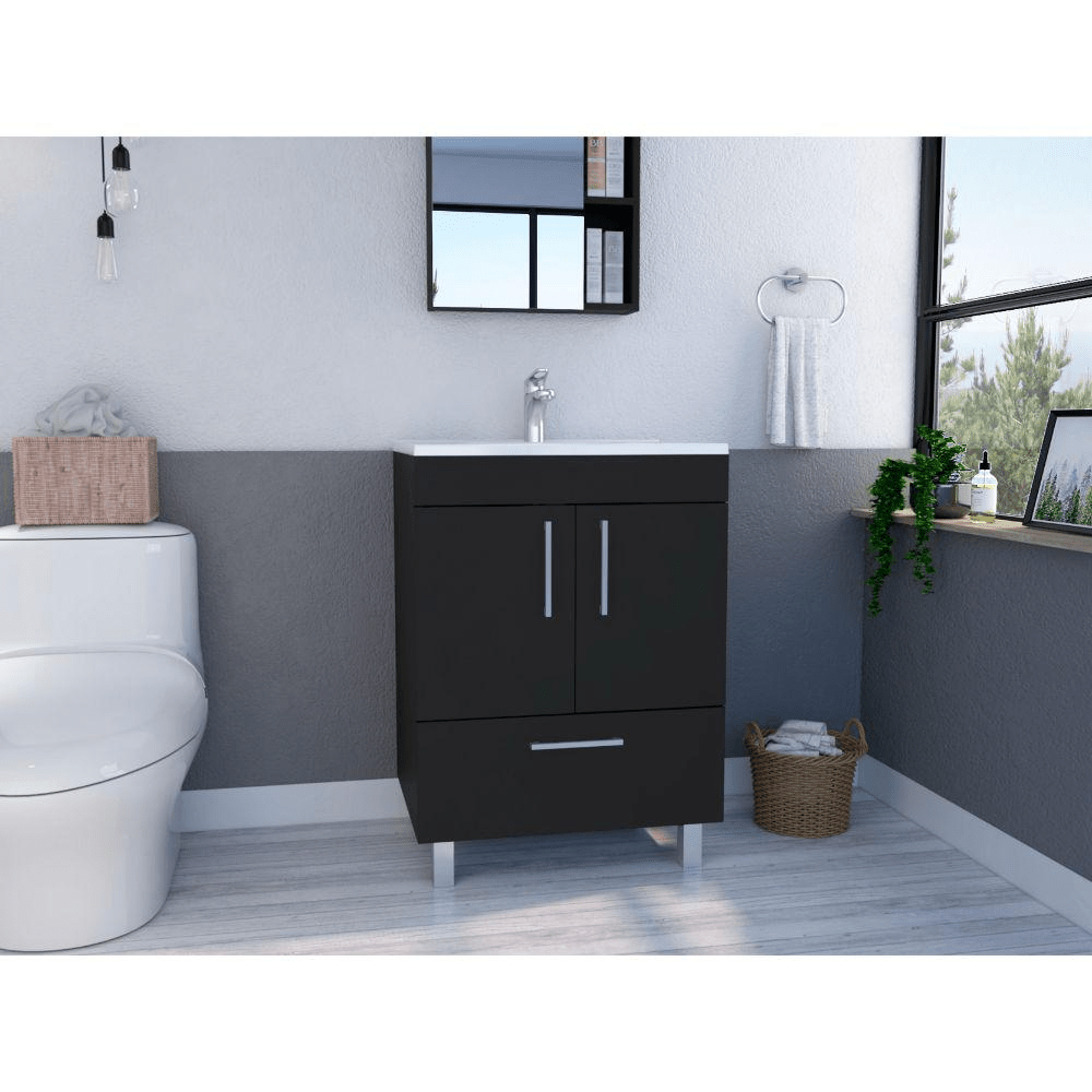 DEPOT E-SHOP Essential Single Bathroom Vanity, One Draw, Two-Door Cabinet, Four Legs-Black, For Bathroom - Mervyns
