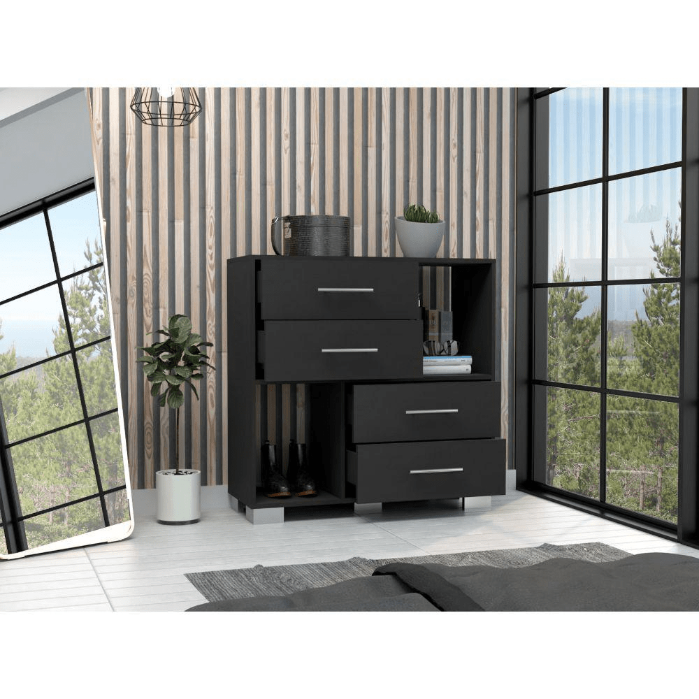 DEPOT E - SHOP Fountain Dresser, Two Open Shelves, Four Drawers - Black, For Bedroom - Mervyns