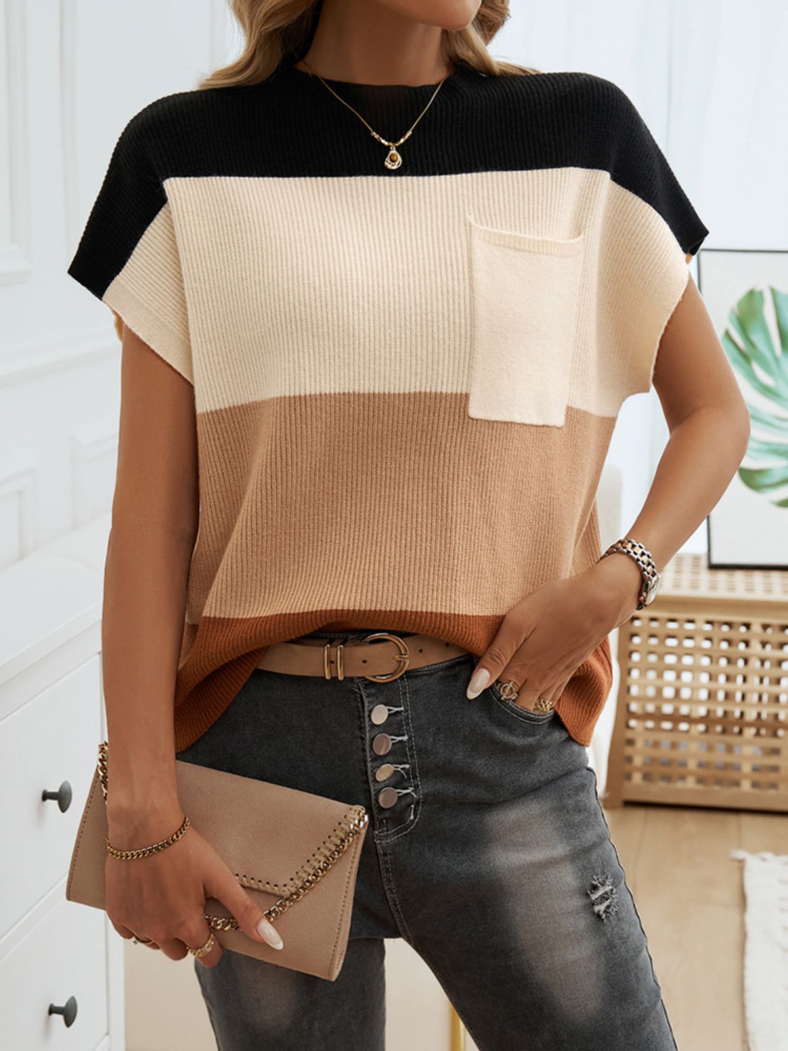 Devine Color Block Round Neck Short Sleeve Sweater - Mervyns