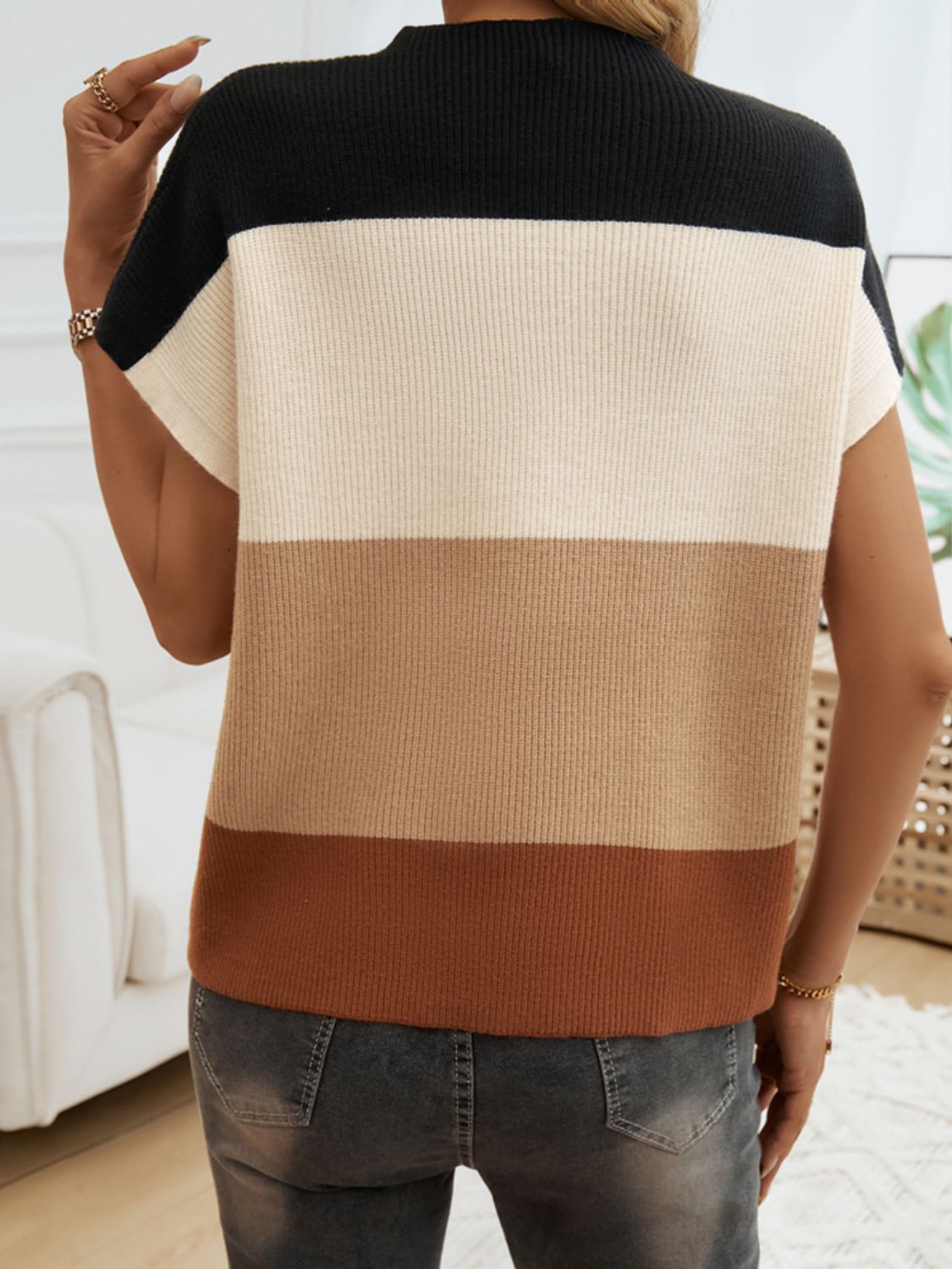 Devine Color Block Round Neck Short Sleeve Sweater - Mervyns