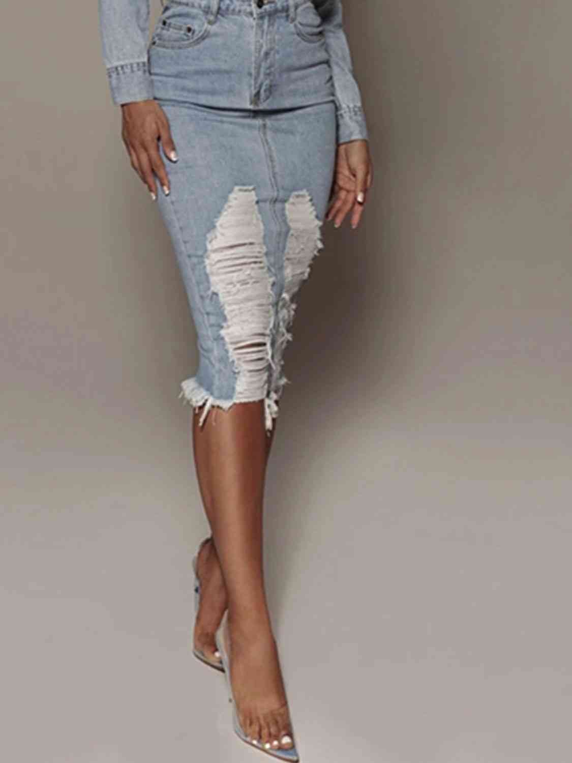 Distressed Slit Denim Skirt - Mervyns