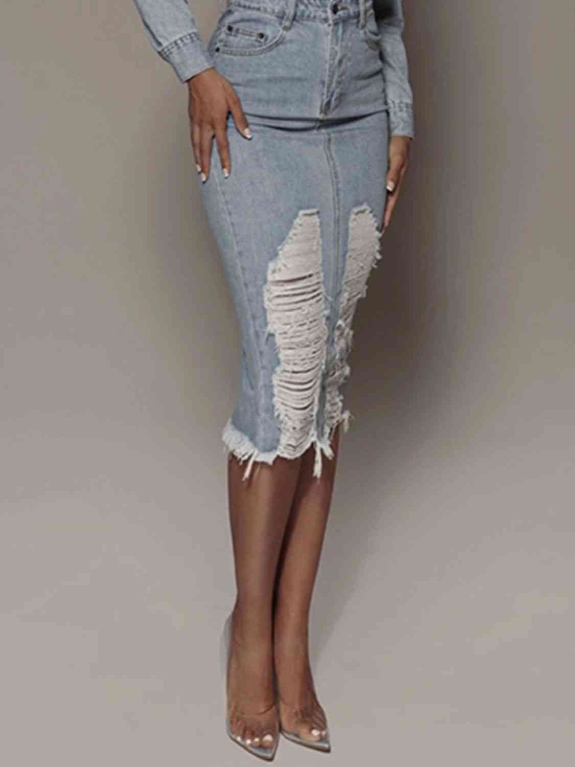 Distressed Slit Denim Skirt - Mervyns