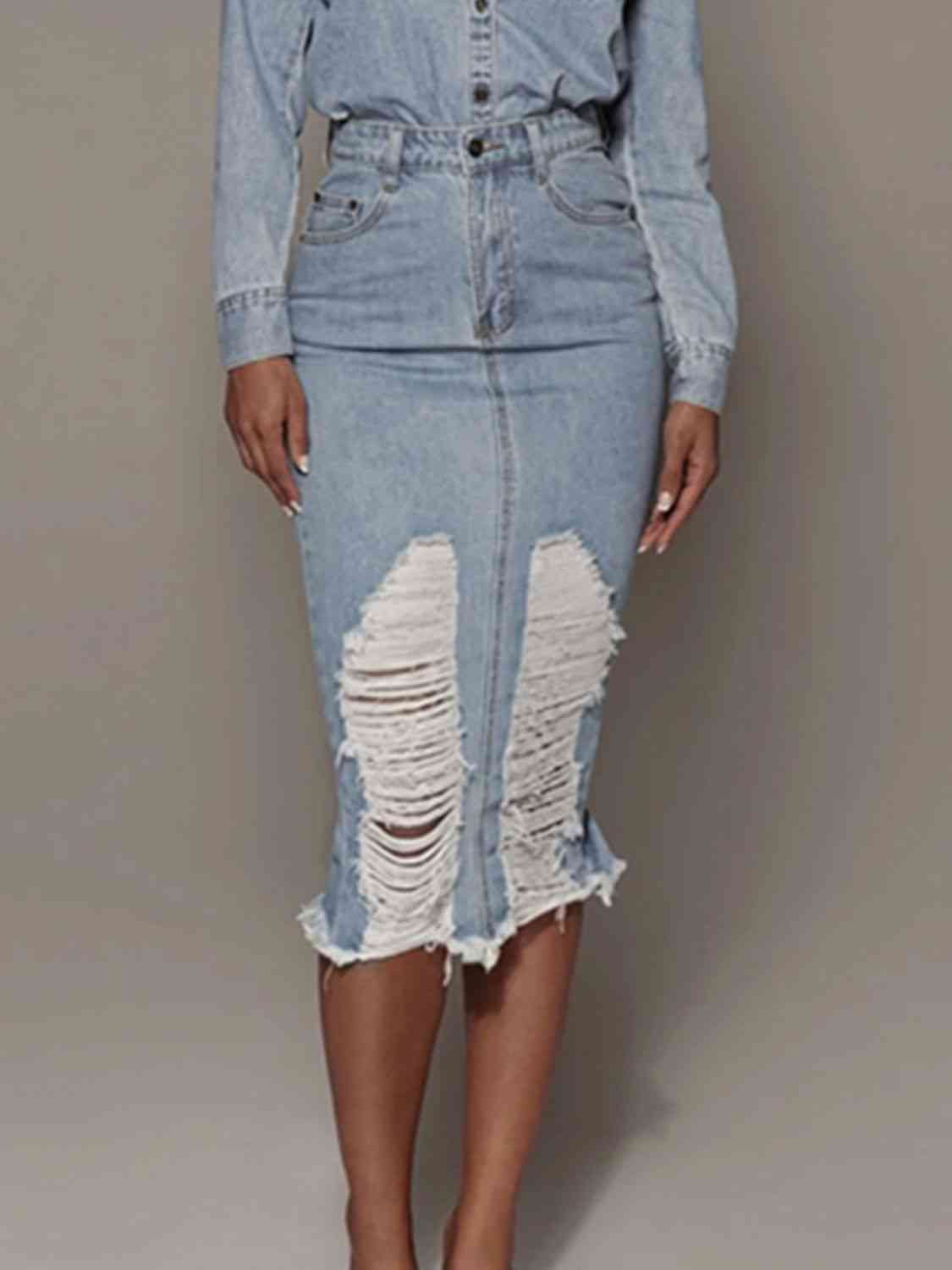 Distressed Slit Denim Skirt - Mervyns