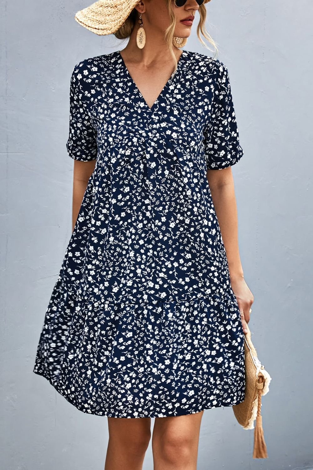 Ditsy Floral Empire Waist Plunge Short Sleeve Dress - Mervyns