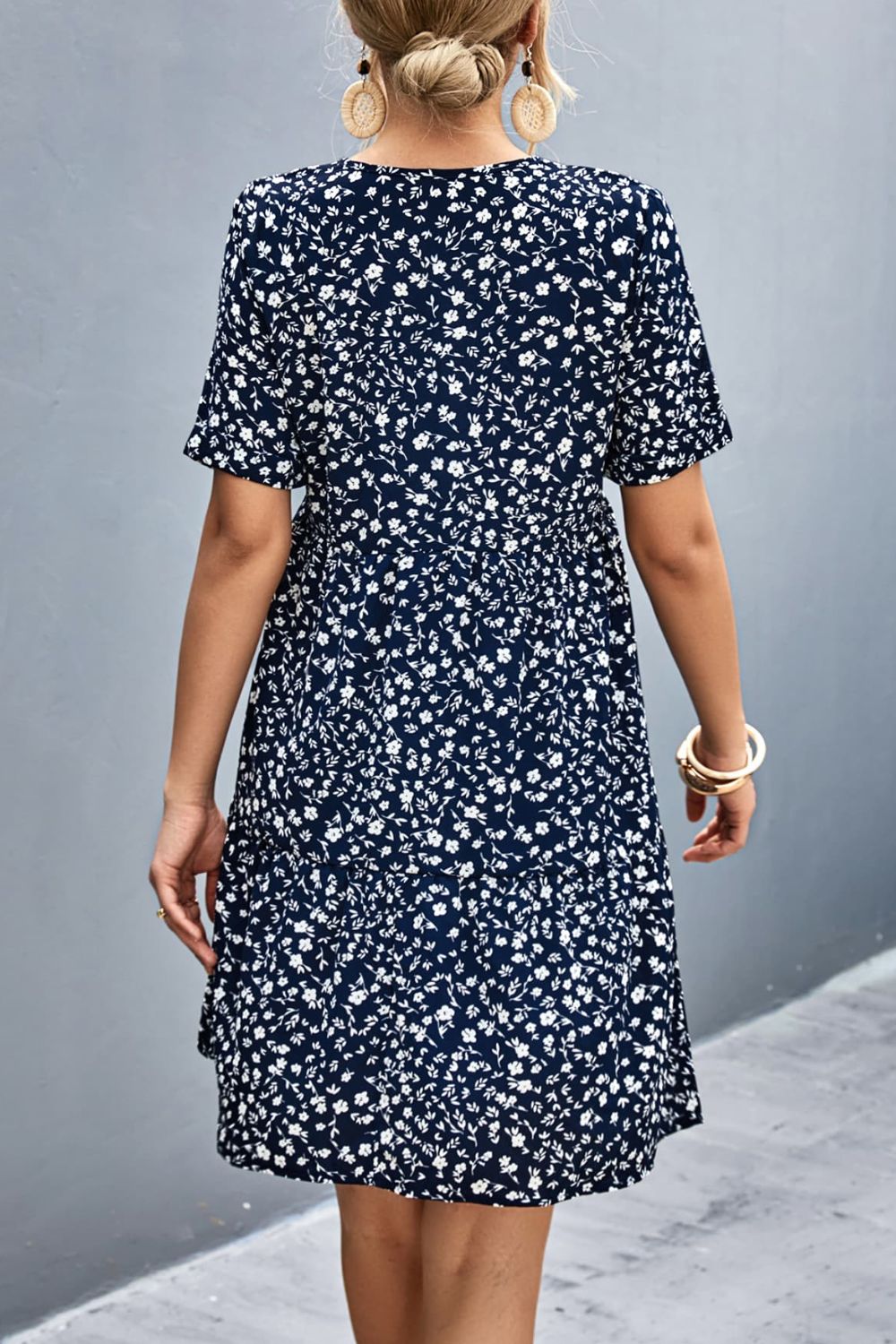 Ditsy Floral Empire Waist Plunge Short Sleeve Dress - Mervyns