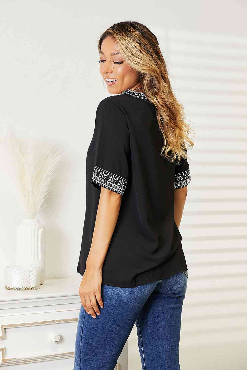 Double Take Embroidered Notched Neck Top - Mervyns