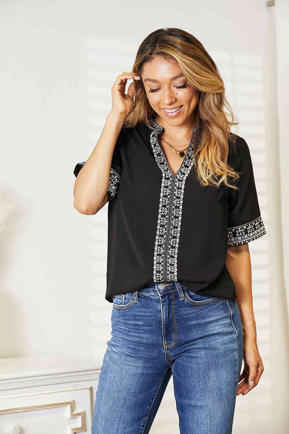 Double Take Embroidered Notched Neck Top - Mervyns