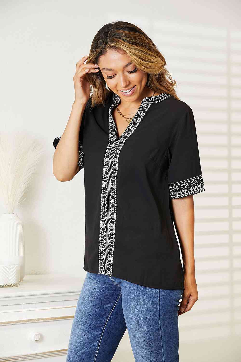 Double Take Embroidered Notched Neck Top - Mervyns