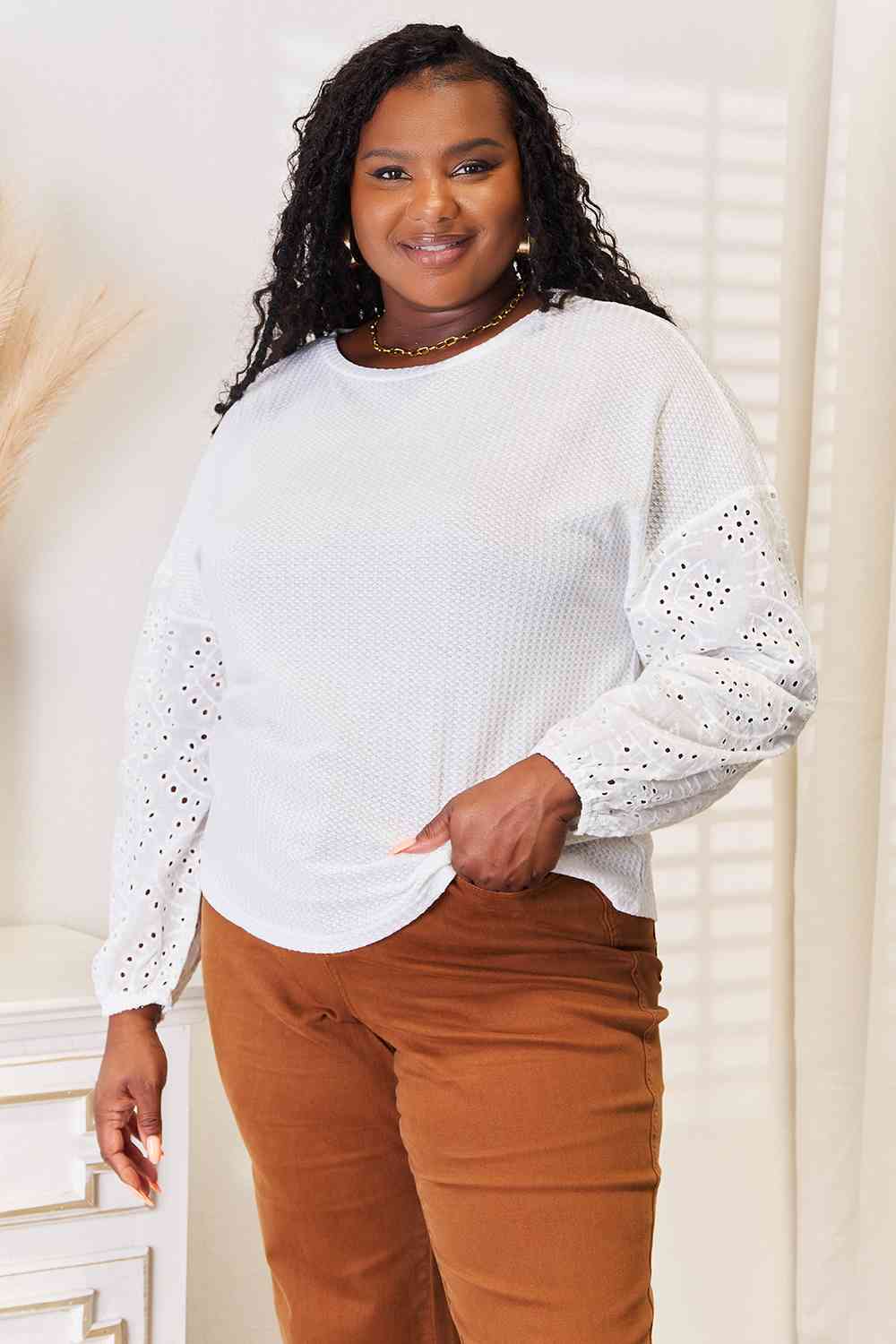 Double Take Eyelet Dropped Shoulder Round Neck Blouse - Mervyns