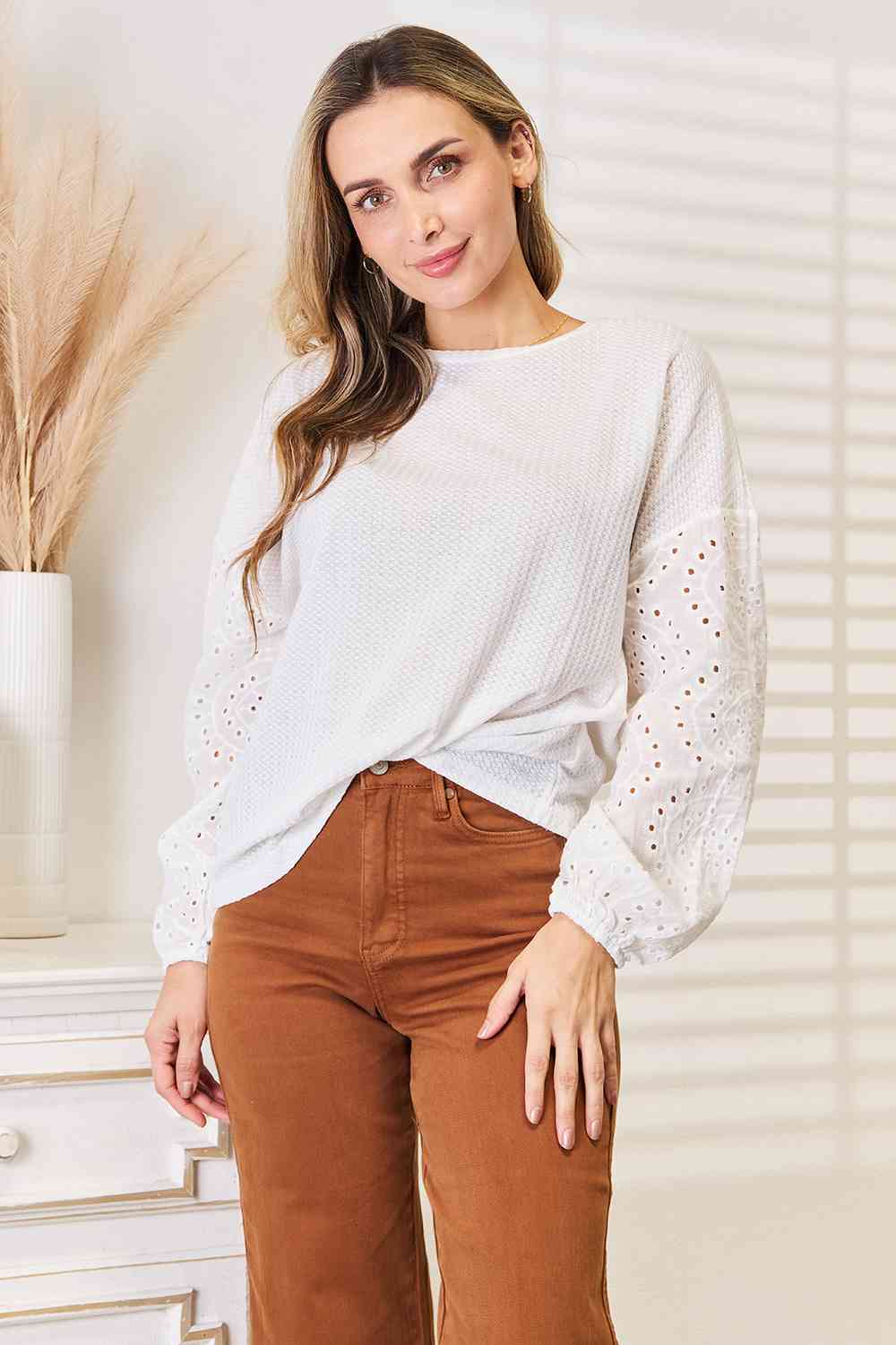 Double Take Eyelet Dropped Shoulder Round Neck Blouse - Mervyns