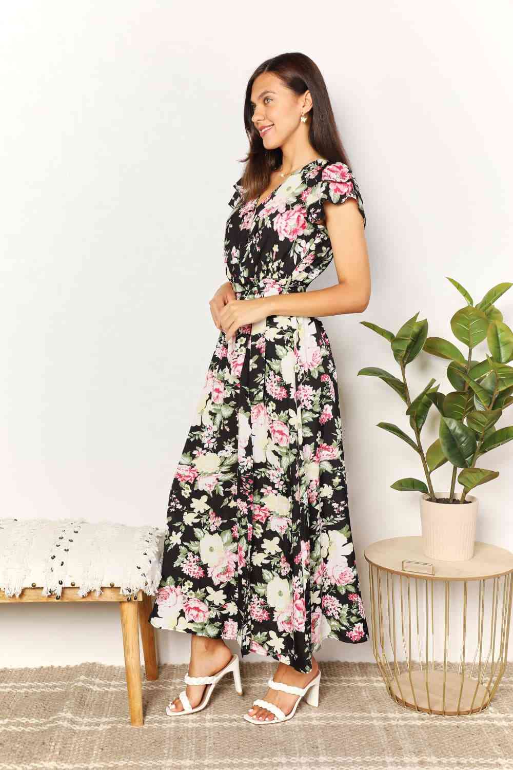 Double Take Floral Flutter Sleeve Tie - Waist Split Dress - Mervyns