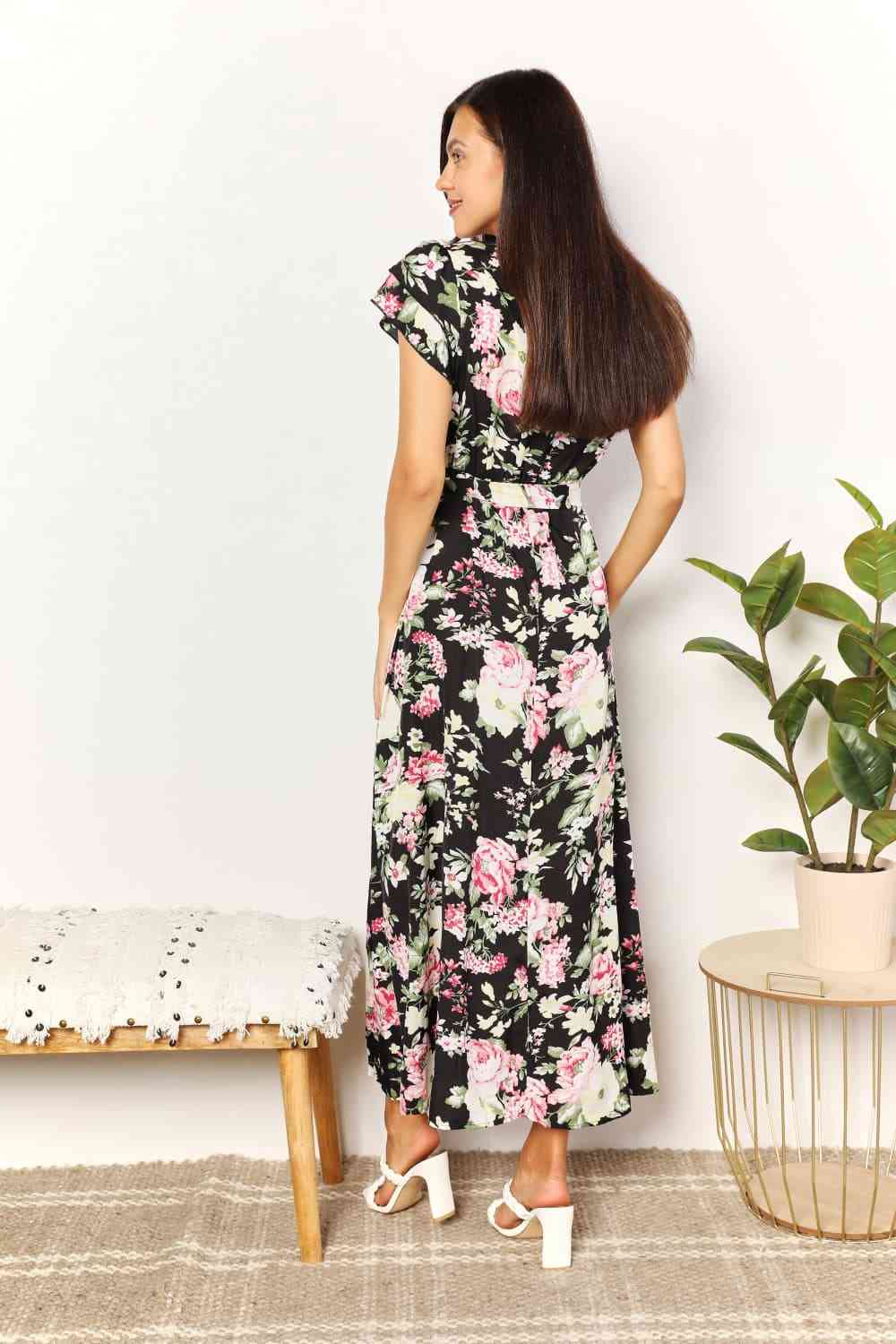 Double Take Floral Flutter Sleeve Tie - Waist Split Dress - Mervyns