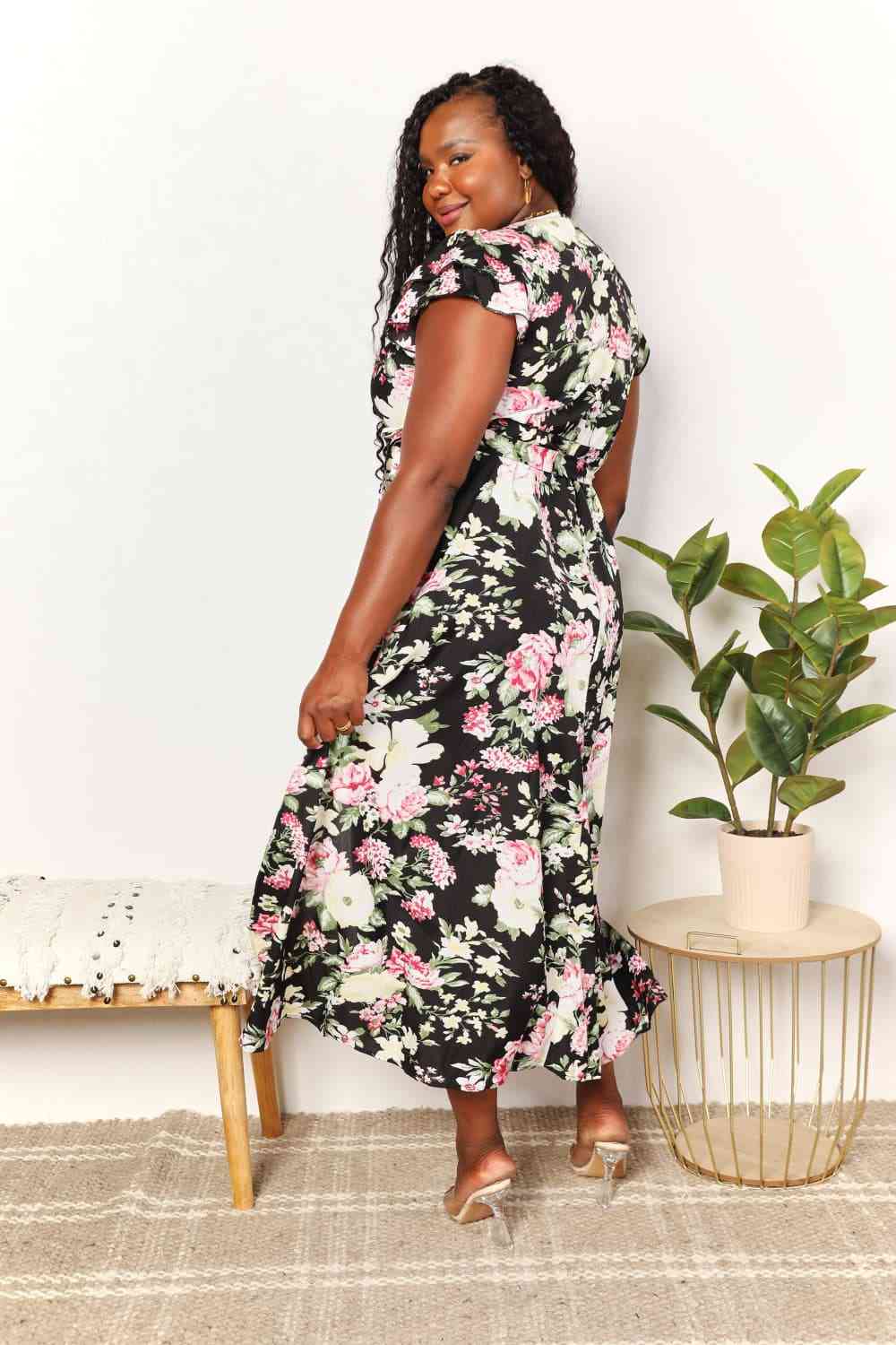 Double Take Floral Flutter Sleeve Tie - Waist Split Dress - Mervyns