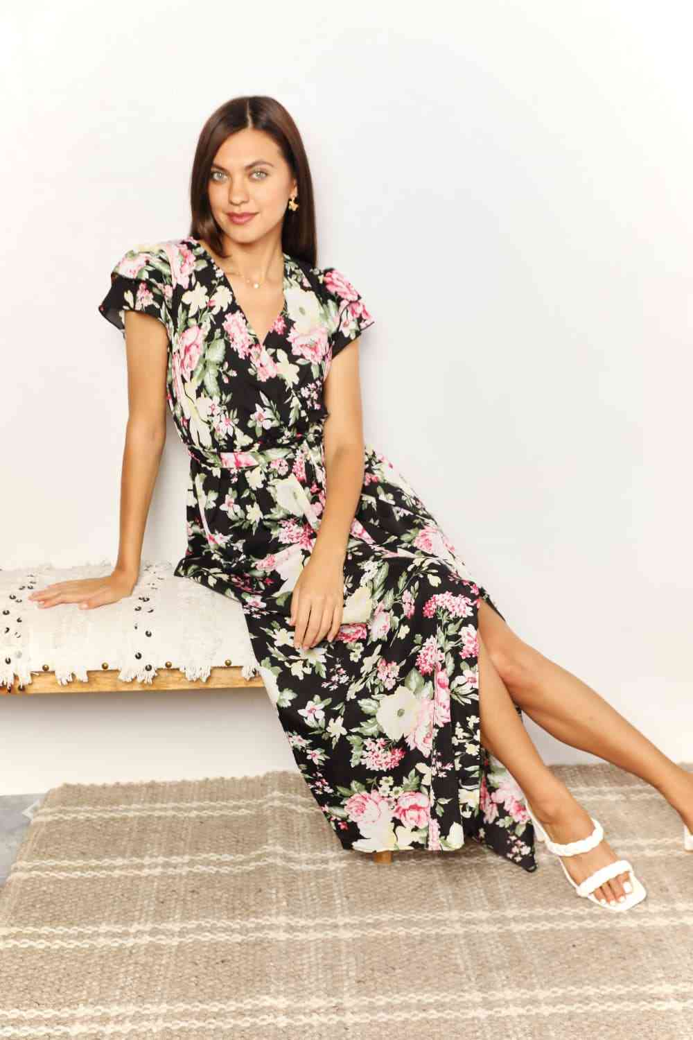 Double Take Floral Flutter Sleeve Tie - Waist Split Dress - Mervyns