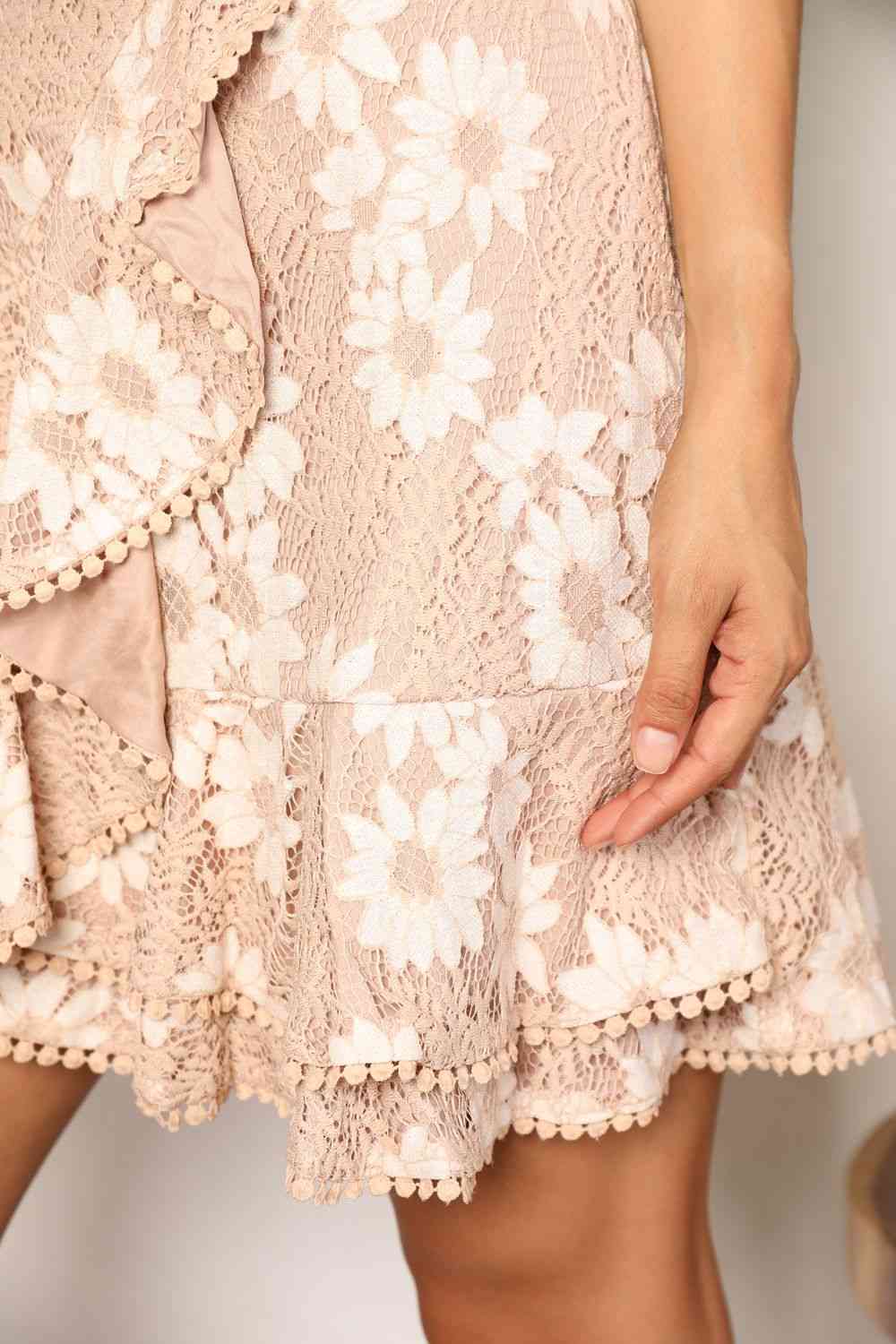 Double Take Floral Lace Pompom Detail Tie - Waist Flutter Sleeve Dress - Mervyns