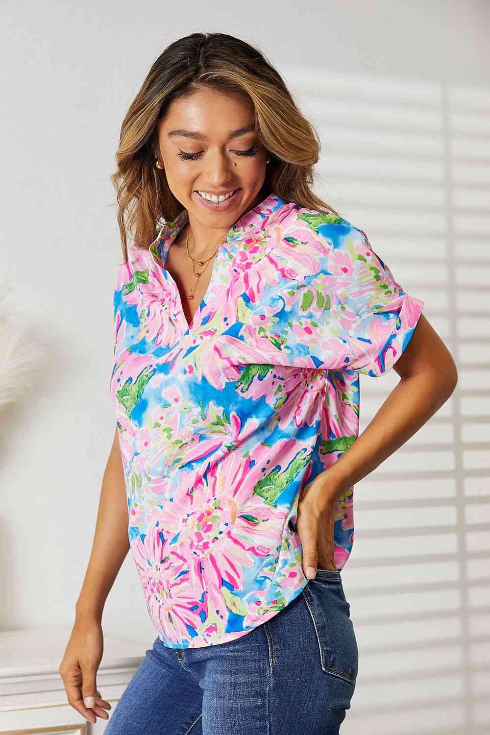 Double Take Floral Notched Neck Short Sleeve Top - Mervyns