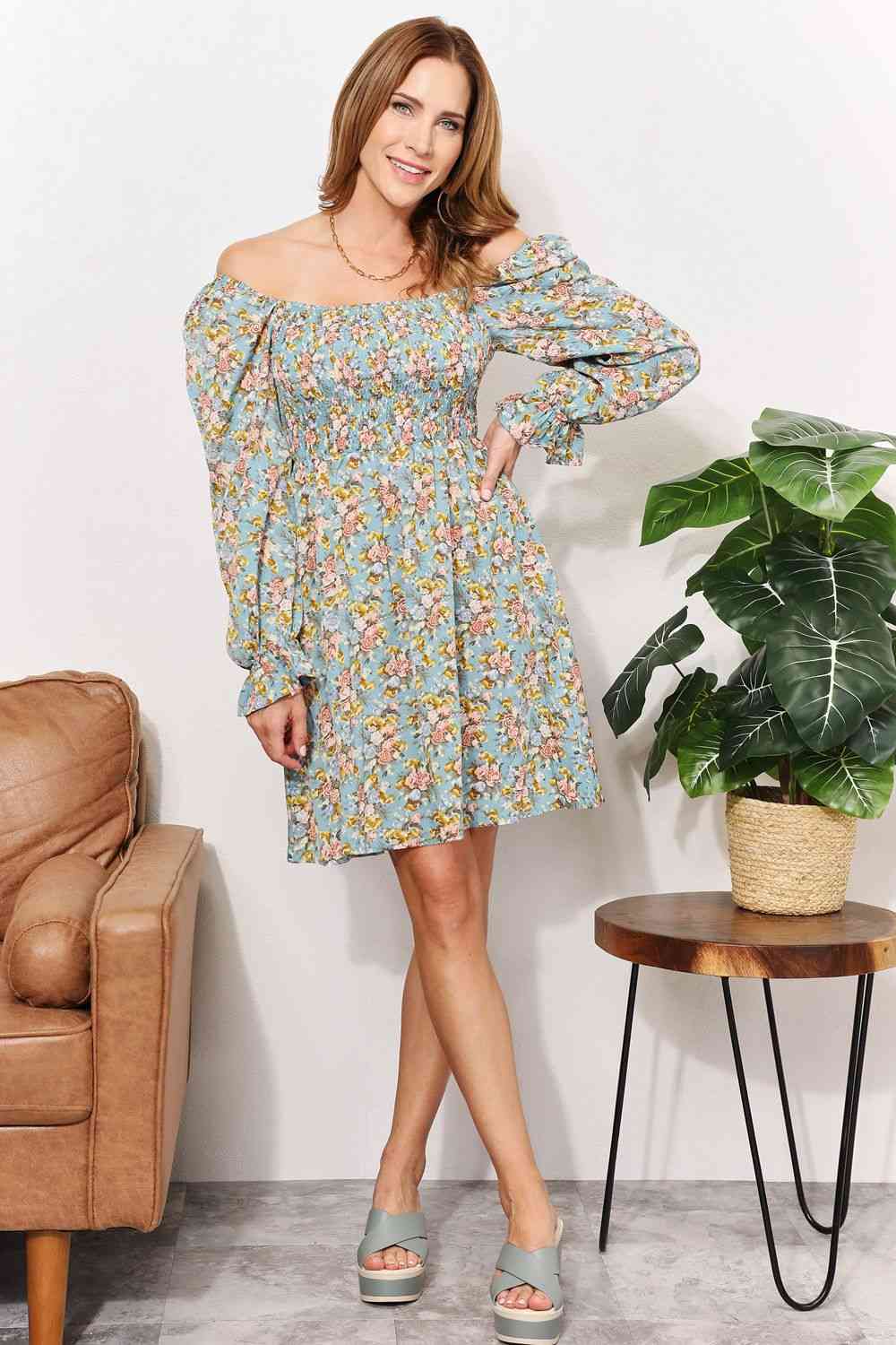 Double Take Floral Smocked Flounce Sleeve Square Neck Dress - Mervyns