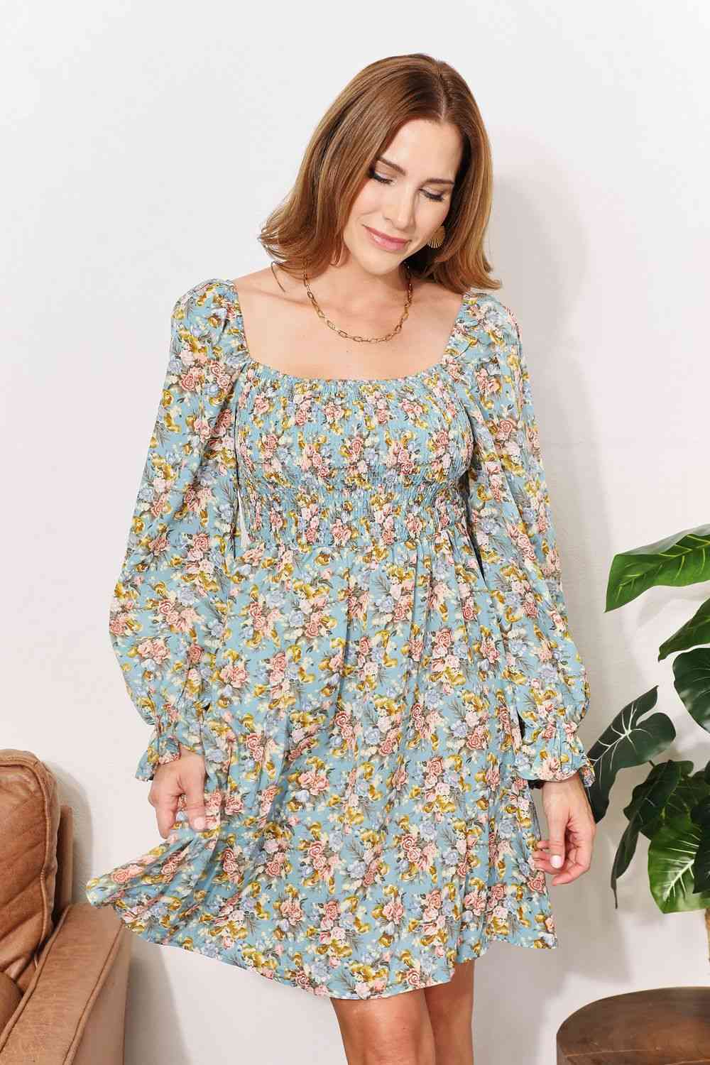 Double Take Floral Smocked Flounce Sleeve Square Neck Dress - Mervyns