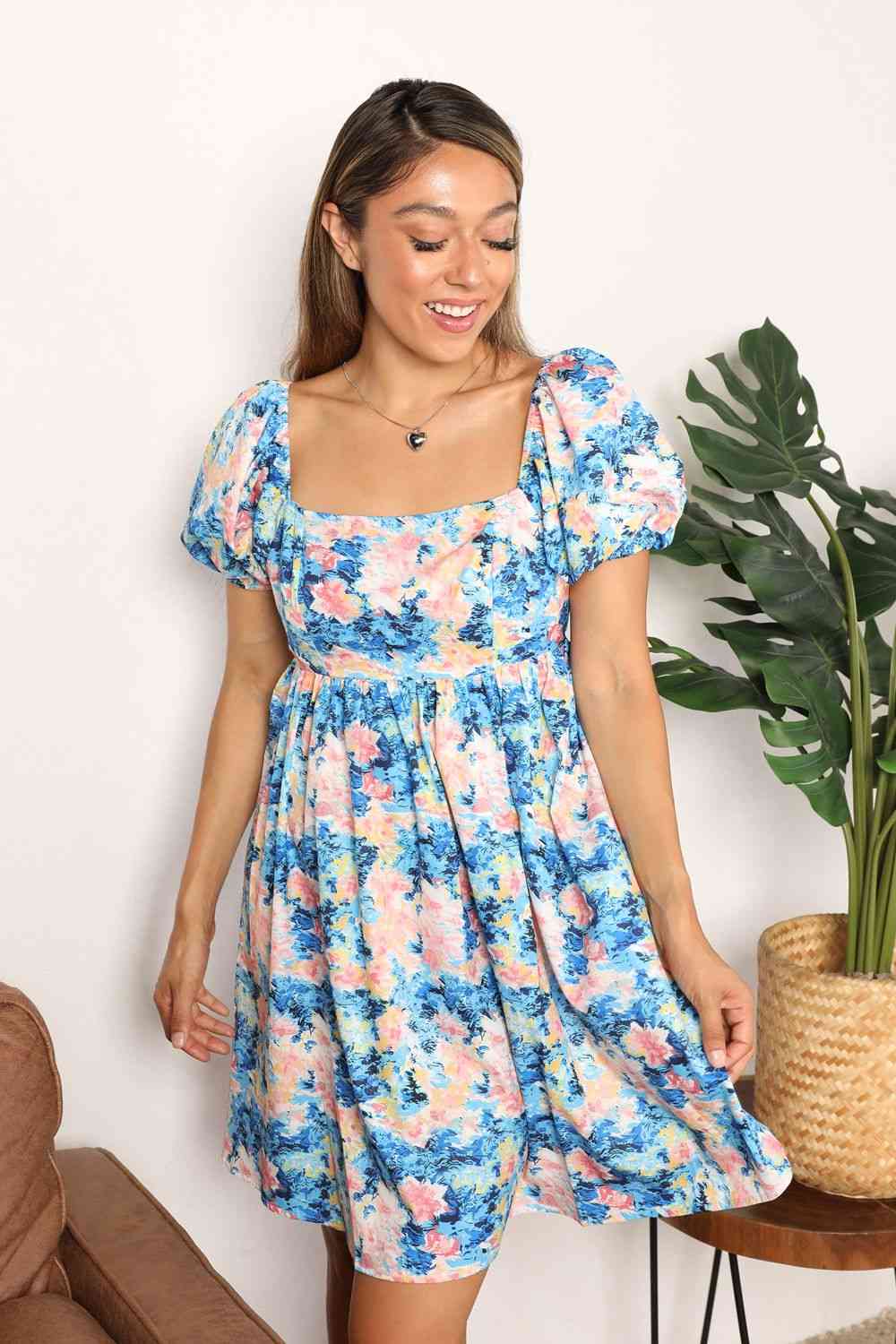 Double Take Floral Square Neck Puff Sleeve Dress - Mervyns