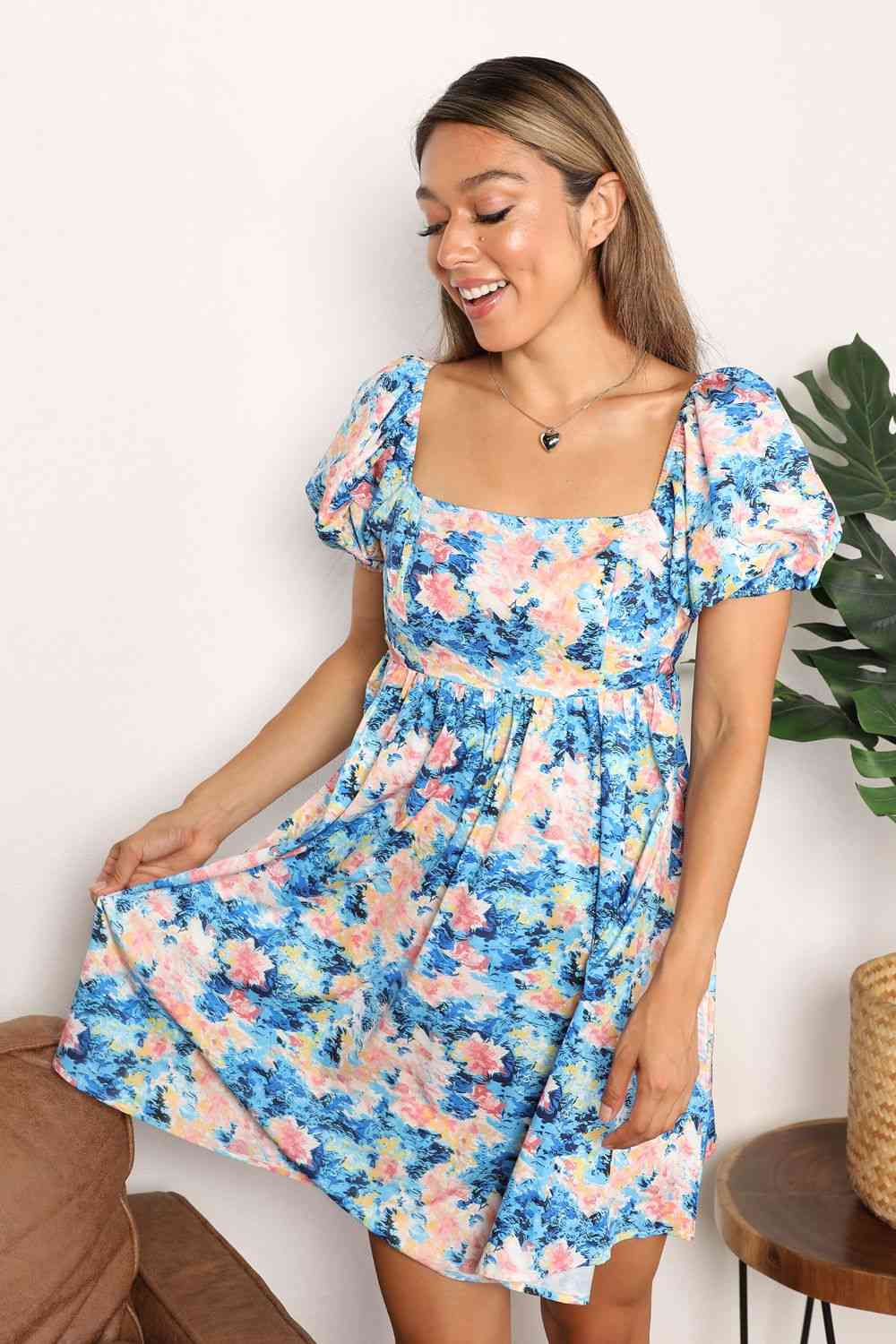 Double Take Floral Square Neck Puff Sleeve Dress - Mervyns