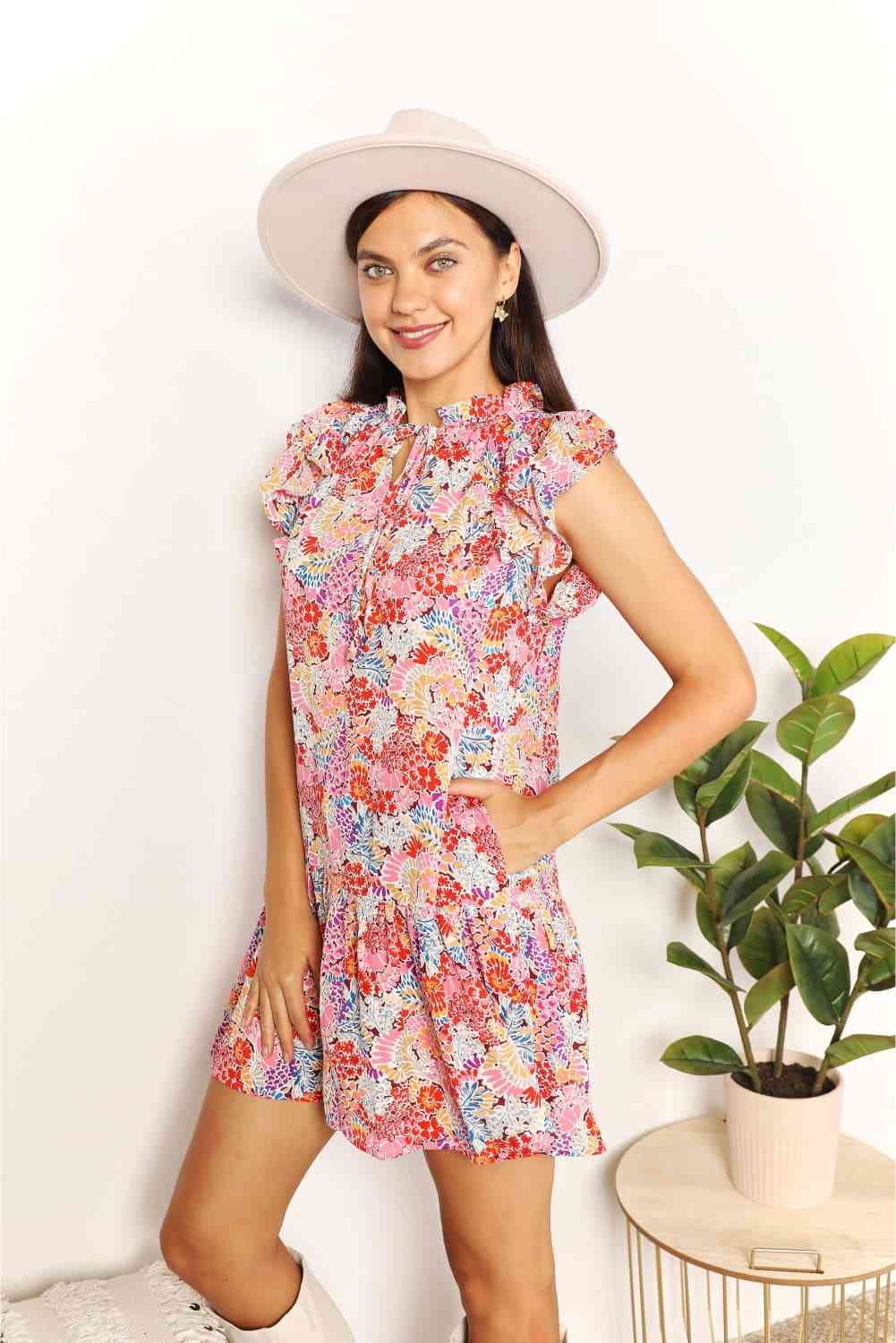 Double Take Floral Tie Neck Cap Sleeve Dress - Mervyns