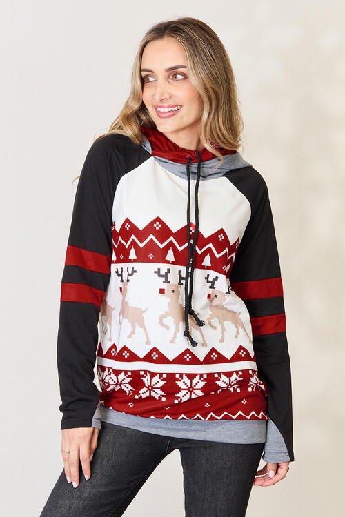 Double Take Full Size Christmas Drawstring Long Sleeve Hoodie - Mervyns