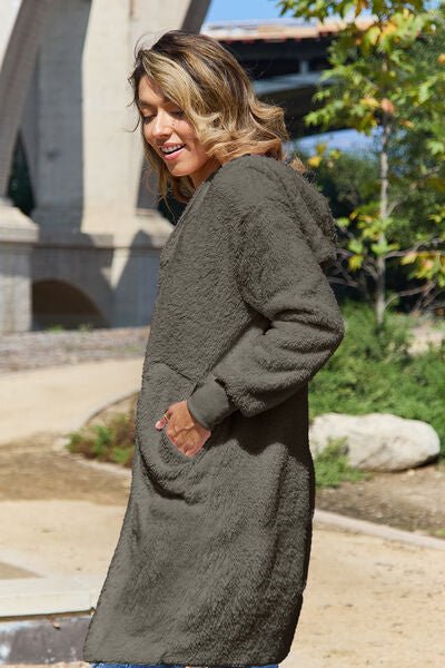 Double Take Full Size Hooded Teddy Bear Jacket with Thumbholes - Mervyns