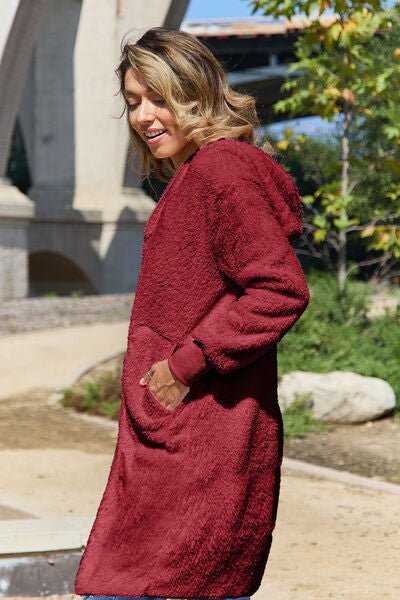 Double Take Full Size Hooded Teddy Bear Jacket with Thumbholes - Mervyns