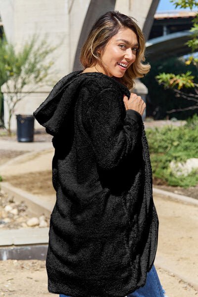 Double Take Full Size Hooded Teddy Bear Jacket with Thumbholes - Mervyns