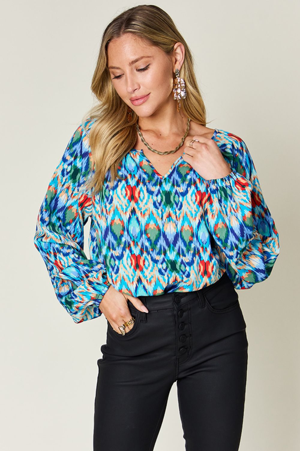 Double Take Full Size Printed Balloon Sleeve Blouse - Mervyns