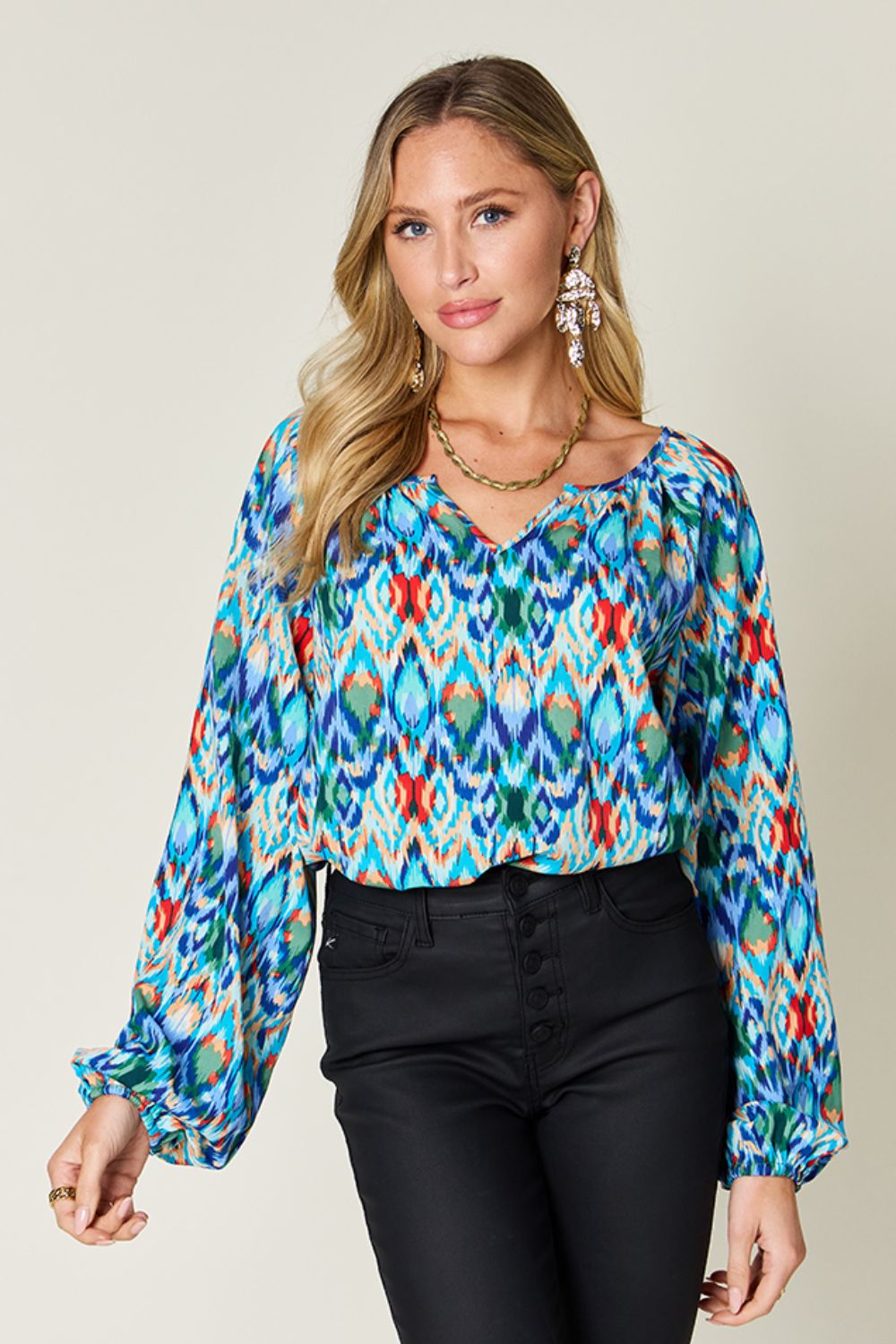 Double Take Full Size Printed Balloon Sleeve Blouse - Mervyns