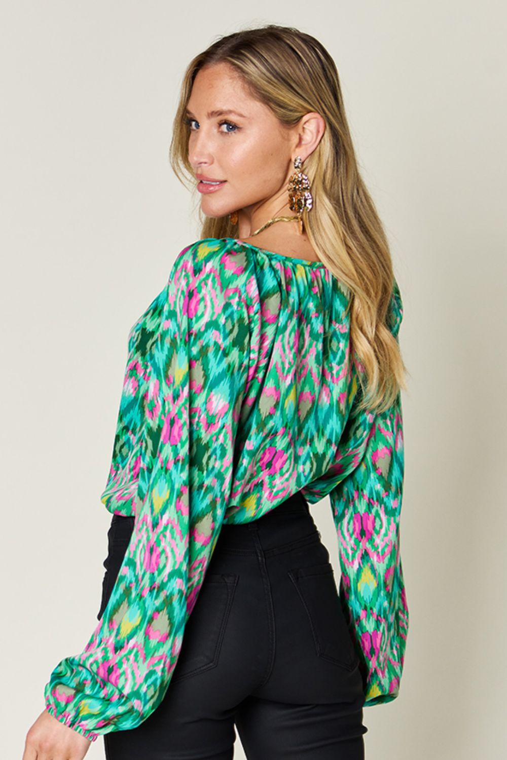 Double Take Full Size Printed Balloon Sleeve Blouse - Mervyns