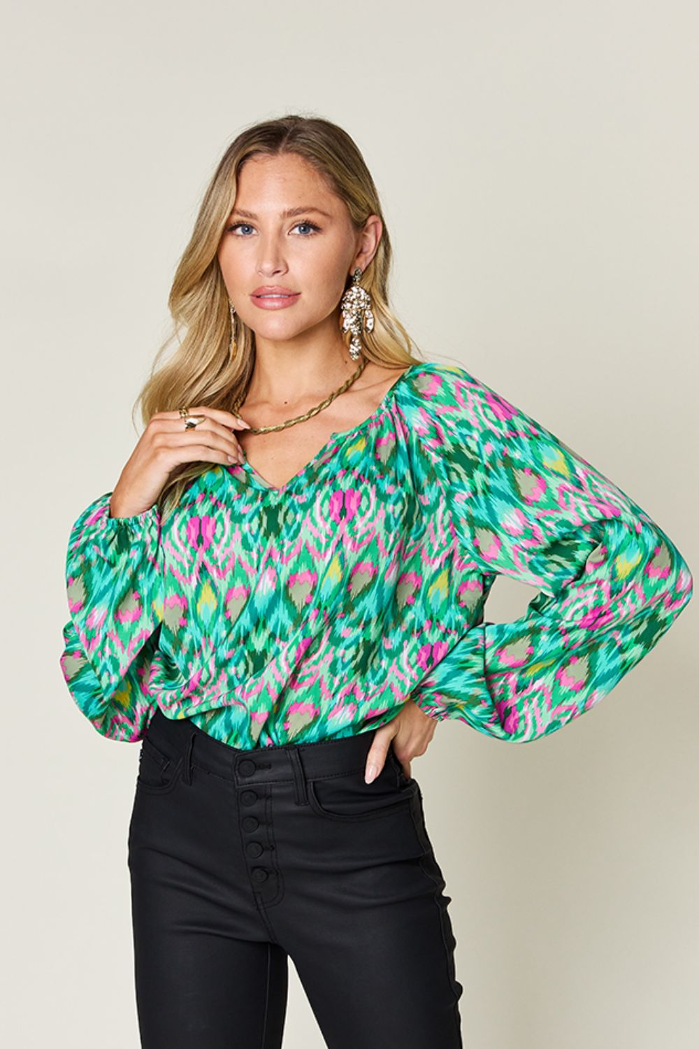 Double Take Full Size Printed Balloon Sleeve Blouse - Mervyns