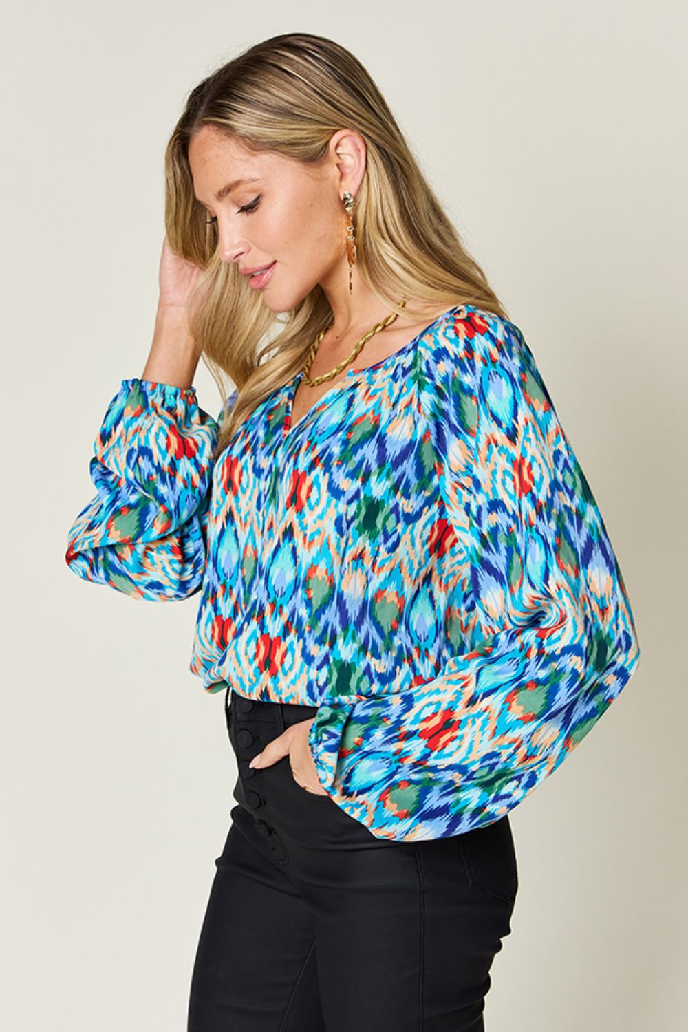 Double Take Full Size Printed Balloon Sleeve Blouse - Mervyns