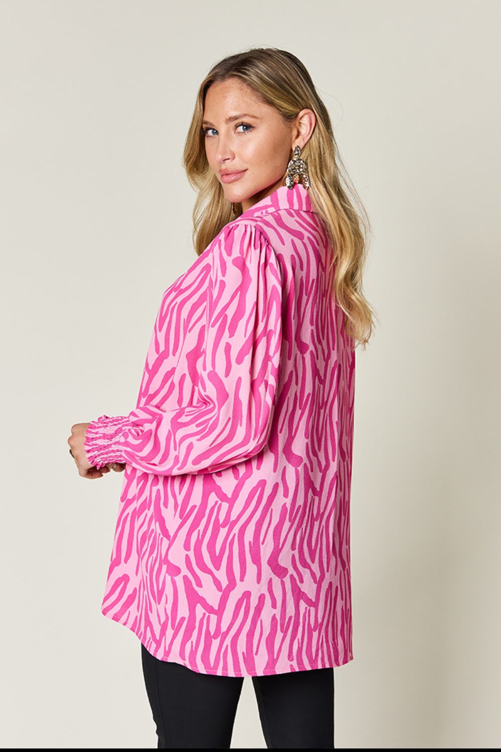 Double Take Full Size Printed Smocked Long Sleeve Blouse - Mervyns