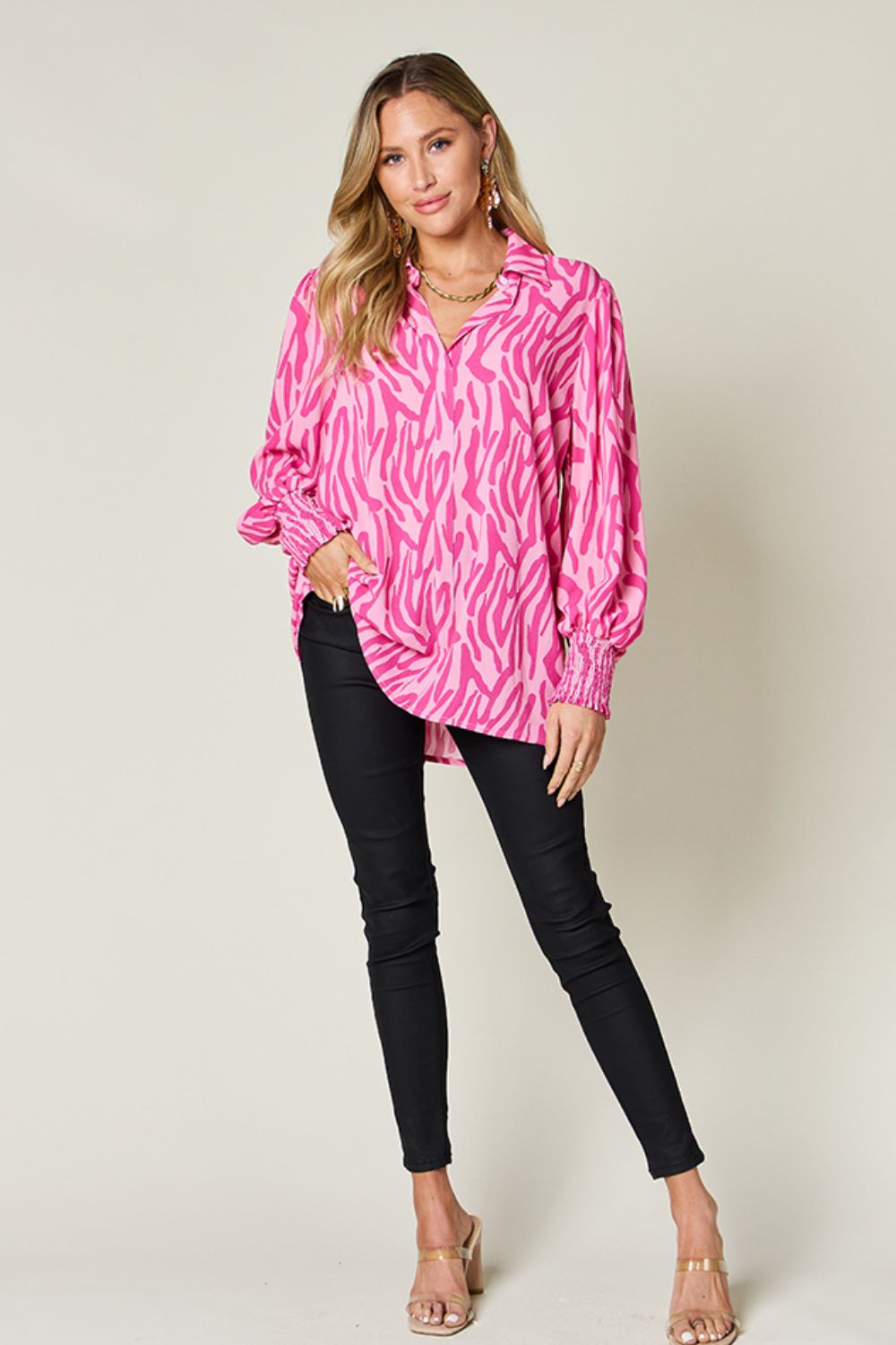 Double Take Full Size Printed Smocked Long Sleeve Blouse - Mervyns