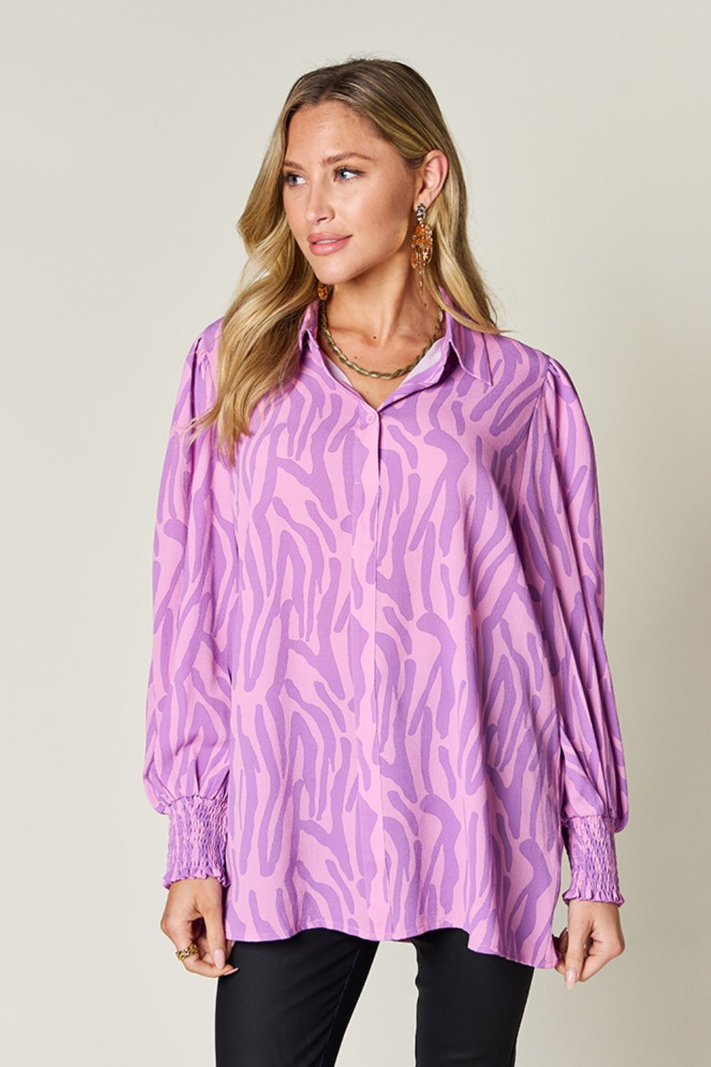 Double Take Full Size Printed Smocked Long Sleeve Blouse - Mervyns