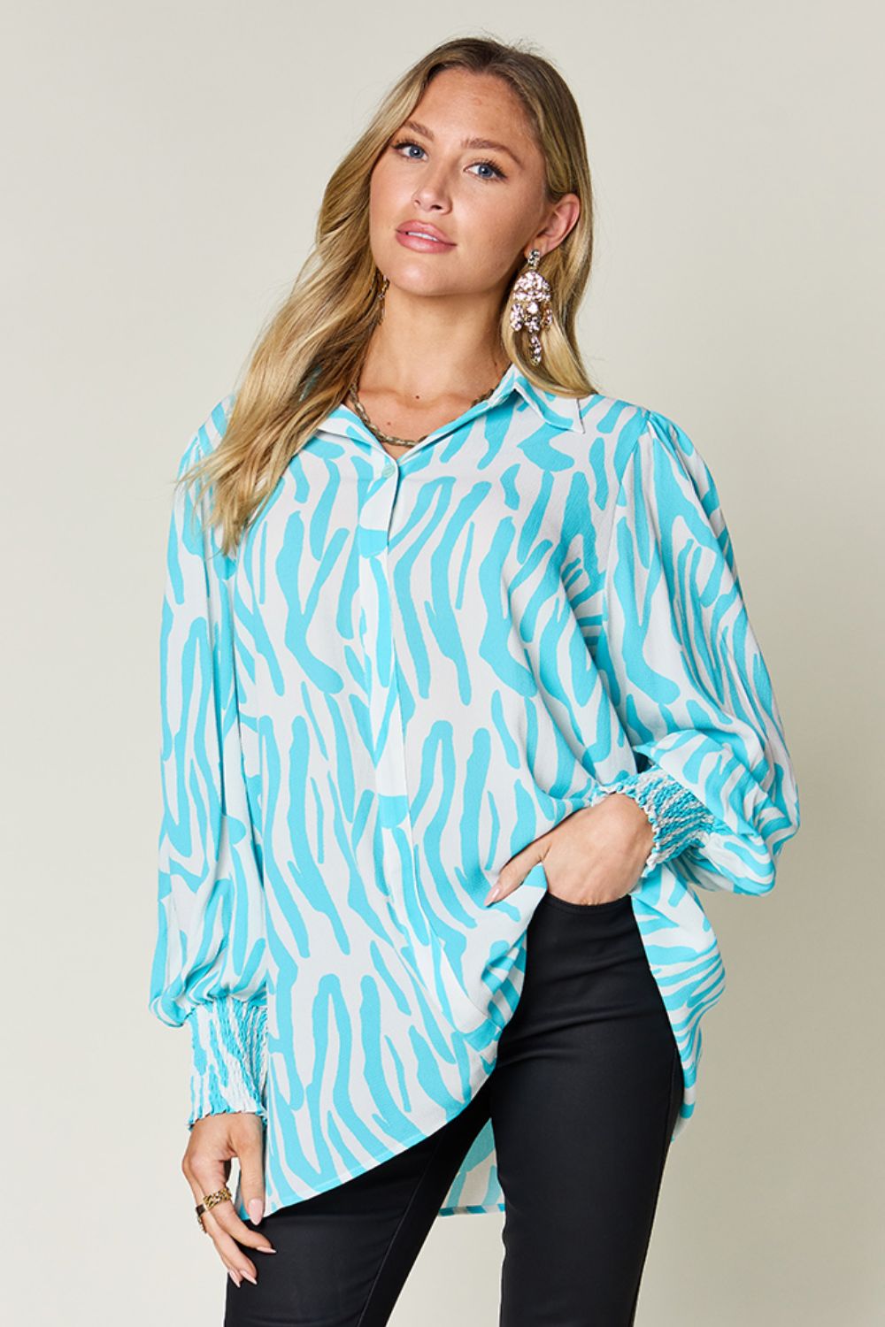 Double Take Full Size Printed Smocked Long Sleeve Blouse - Mervyns