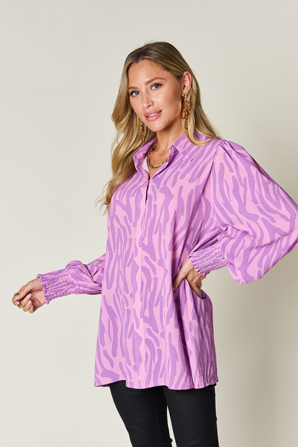 Double Take Full Size Printed Smocked Long Sleeve Blouse - Mervyns