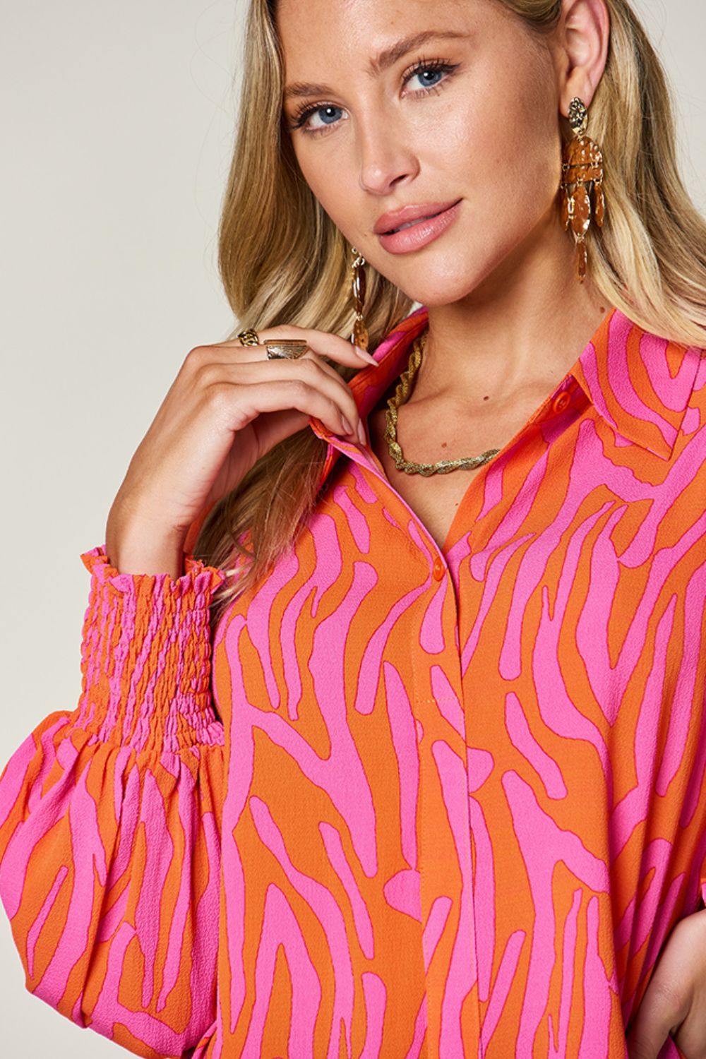 Double Take Full Size Printed Smocked Long Sleeve Blouse - Mervyns