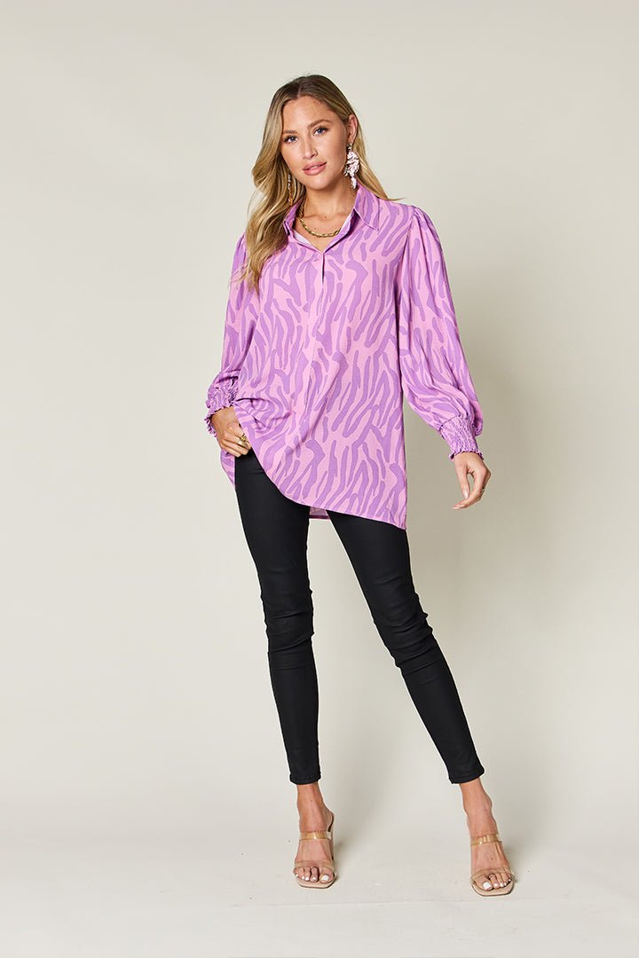 Double Take Full Size Printed Smocked Long Sleeve Blouse - Mervyns