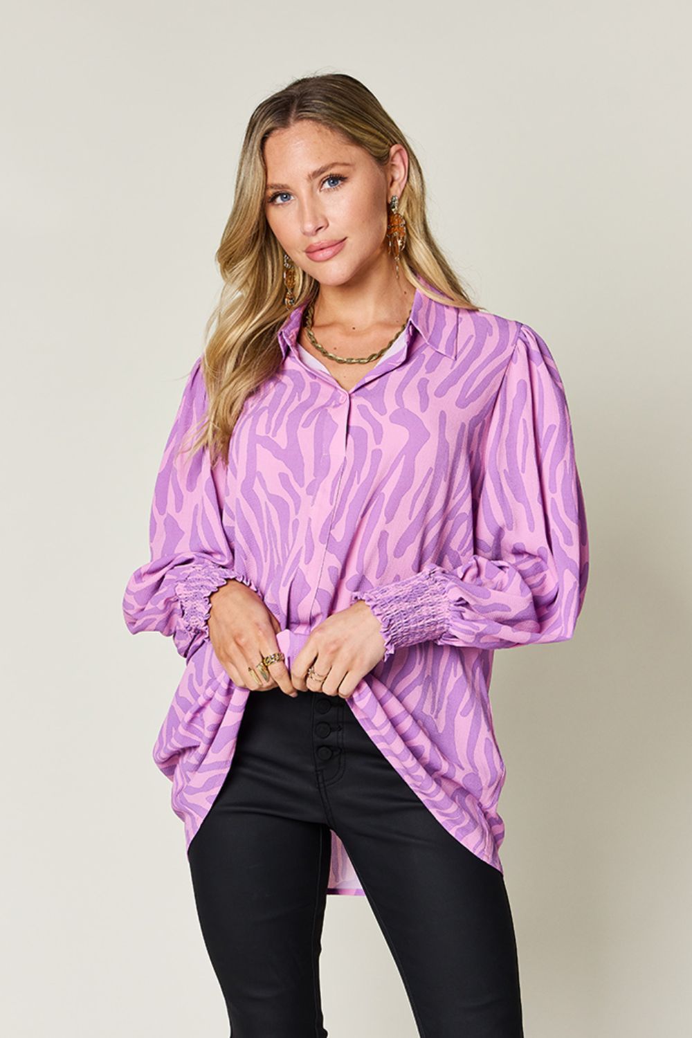 Double Take Full Size Printed Smocked Long Sleeve Blouse - Mervyns