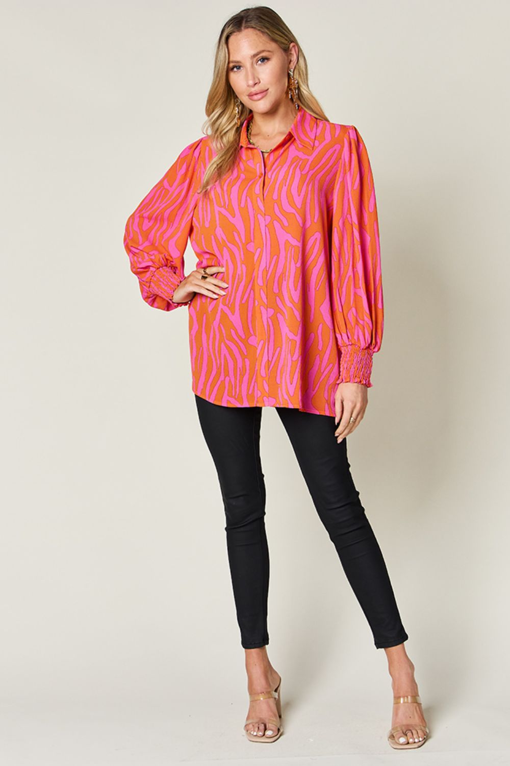 Double Take Full Size Printed Smocked Long Sleeve Blouse - Mervyns