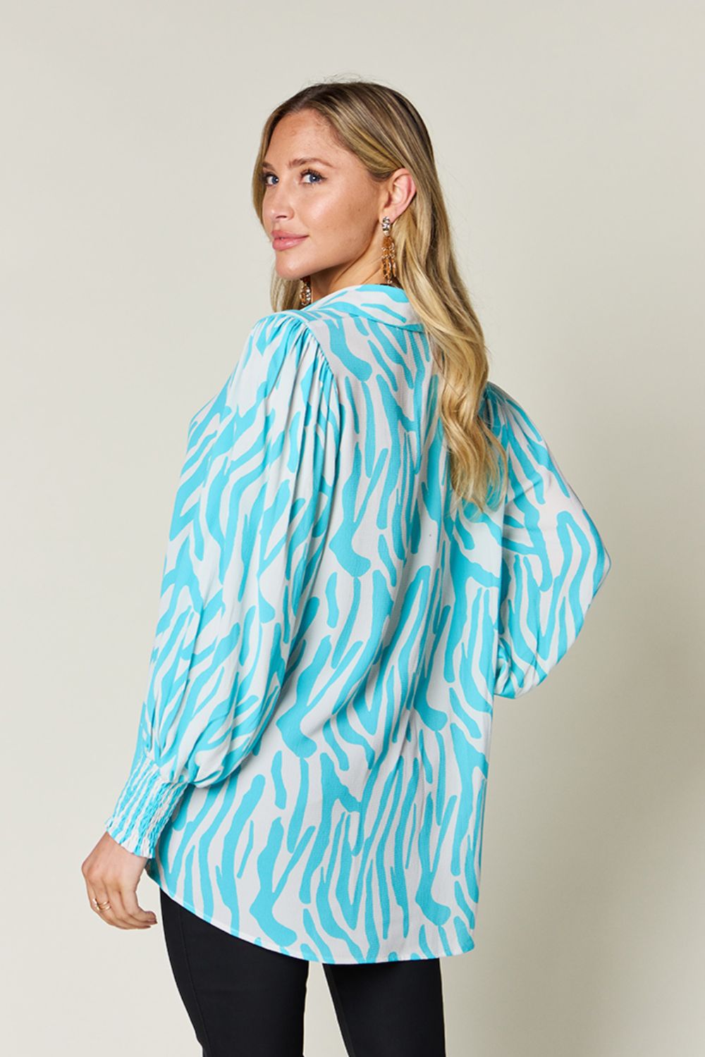 Double Take Full Size Printed Smocked Long Sleeve Blouse - Mervyns