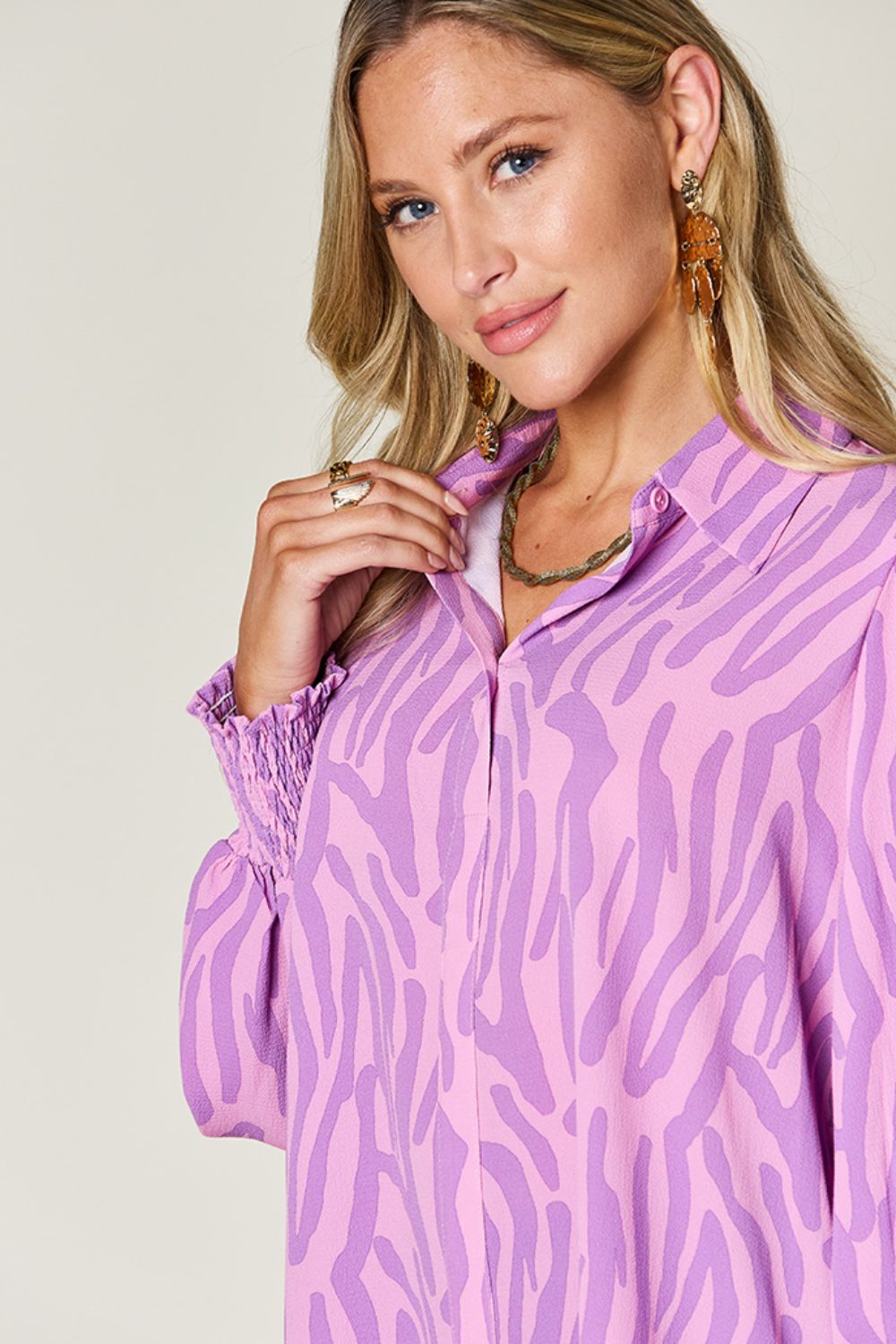 Double Take Full Size Printed Smocked Long Sleeve Blouse - Mervyns