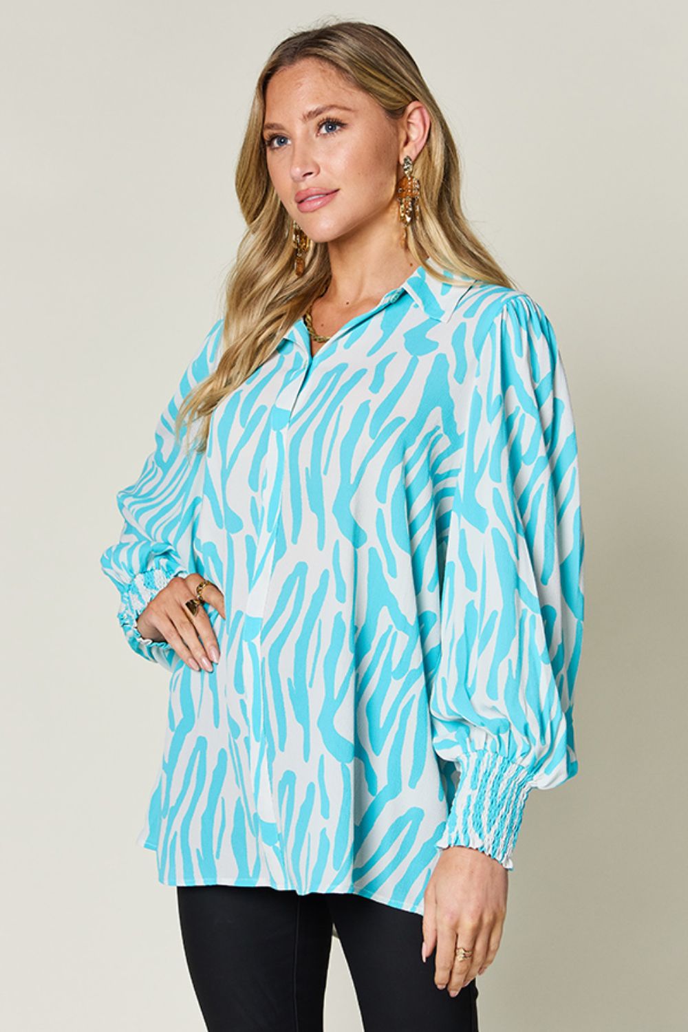 Double Take Full Size Printed Smocked Long Sleeve Blouse - Mervyns