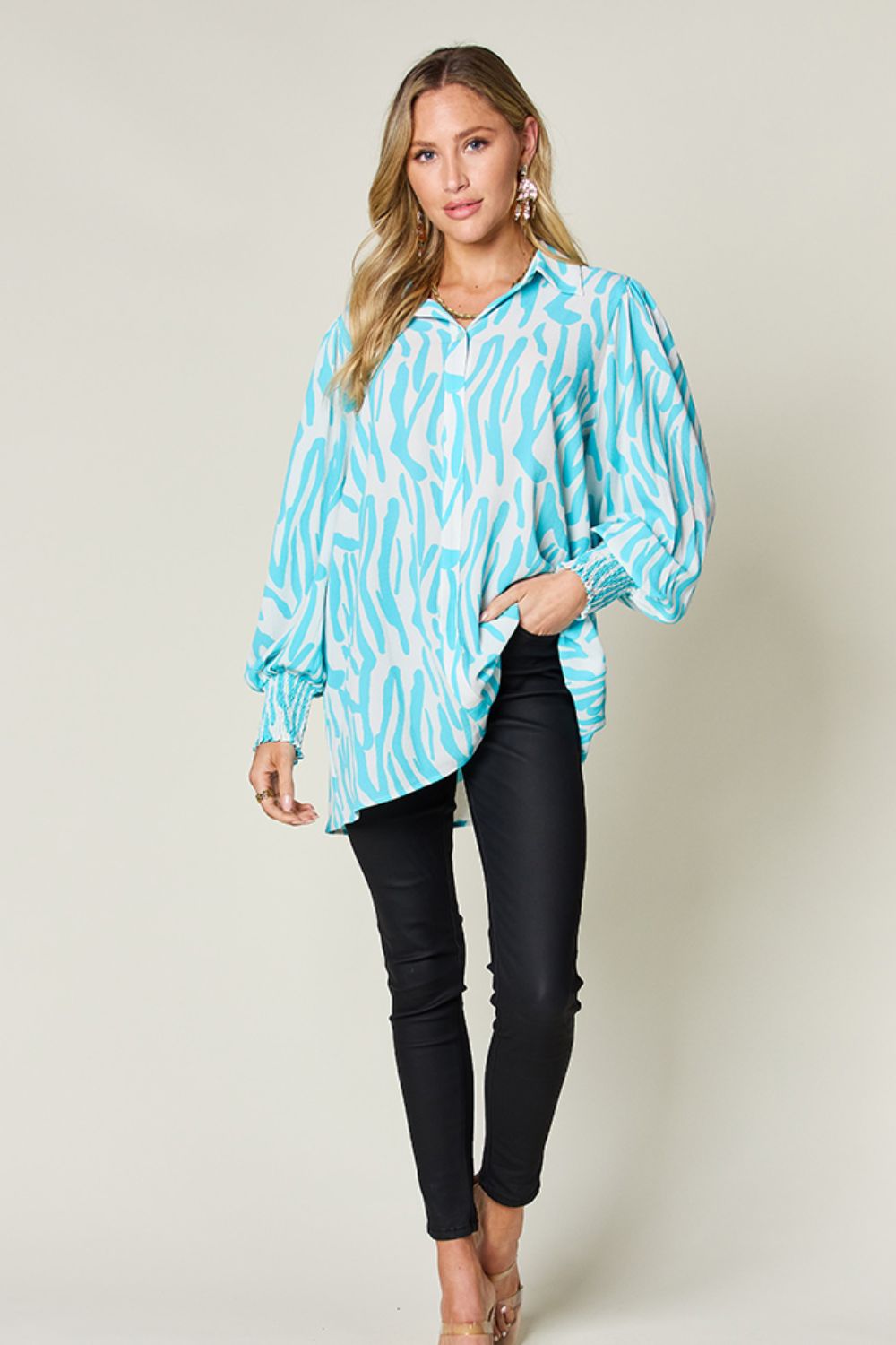 Double Take Full Size Printed Smocked Long Sleeve Blouse - Mervyns