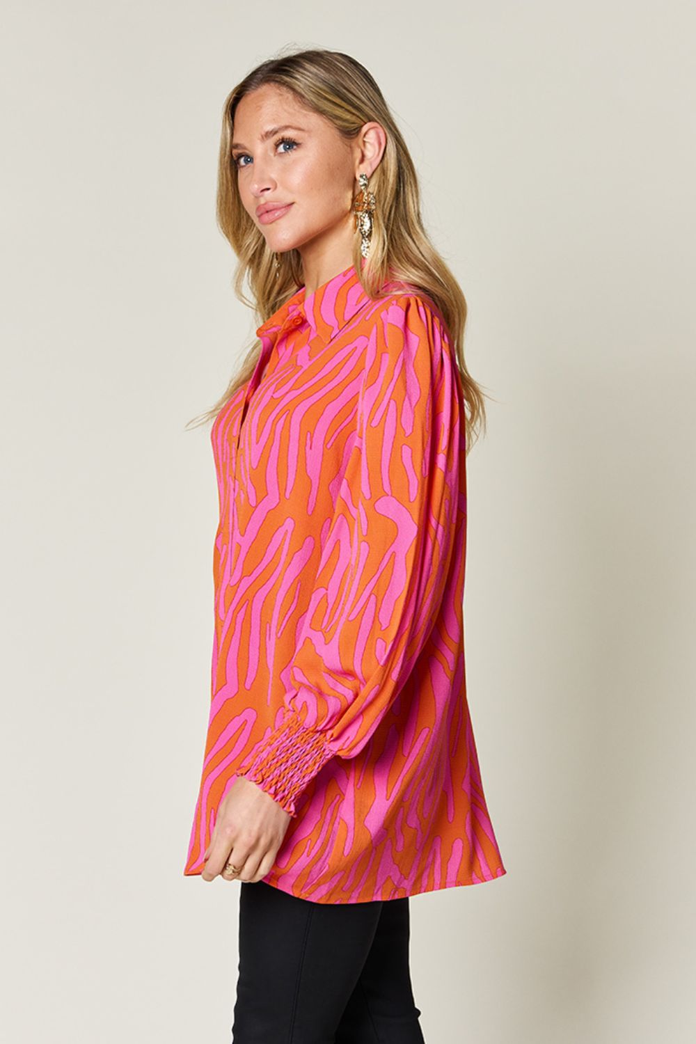 Double Take Full Size Printed Smocked Long Sleeve Blouse - Mervyns