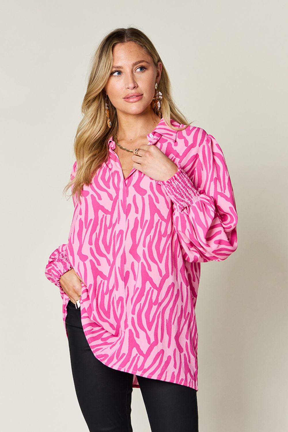 Double Take Full Size Printed Smocked Long Sleeve Blouse - Mervyns